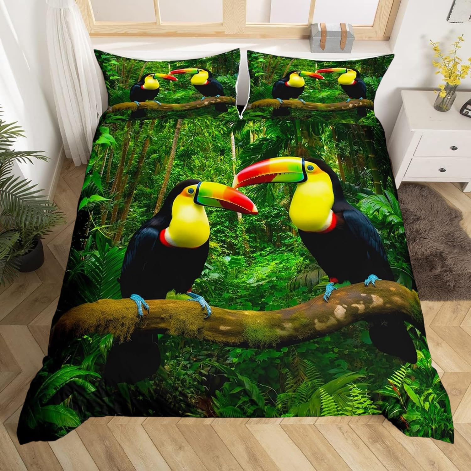 Homewish 3D Toucan Bedding Set Tropical Rainforest Duvet Cover Double Birds Comforter Cover For Kids Boys Girls Standing On The Tree Trunk Cover With 1 Pillow Case Single Size Green โ image 1