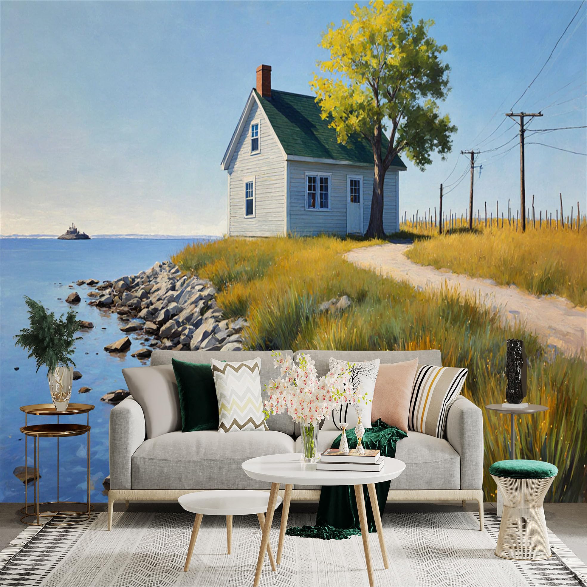 Lnzczhyre Xc260505491 Custom Size Wall Sticker Mural， Coastal Cottage， Rural Landscape， Lakeside House， Serene Waterfront View， For Wall Decoration， Peelandstick Wall Decals.
