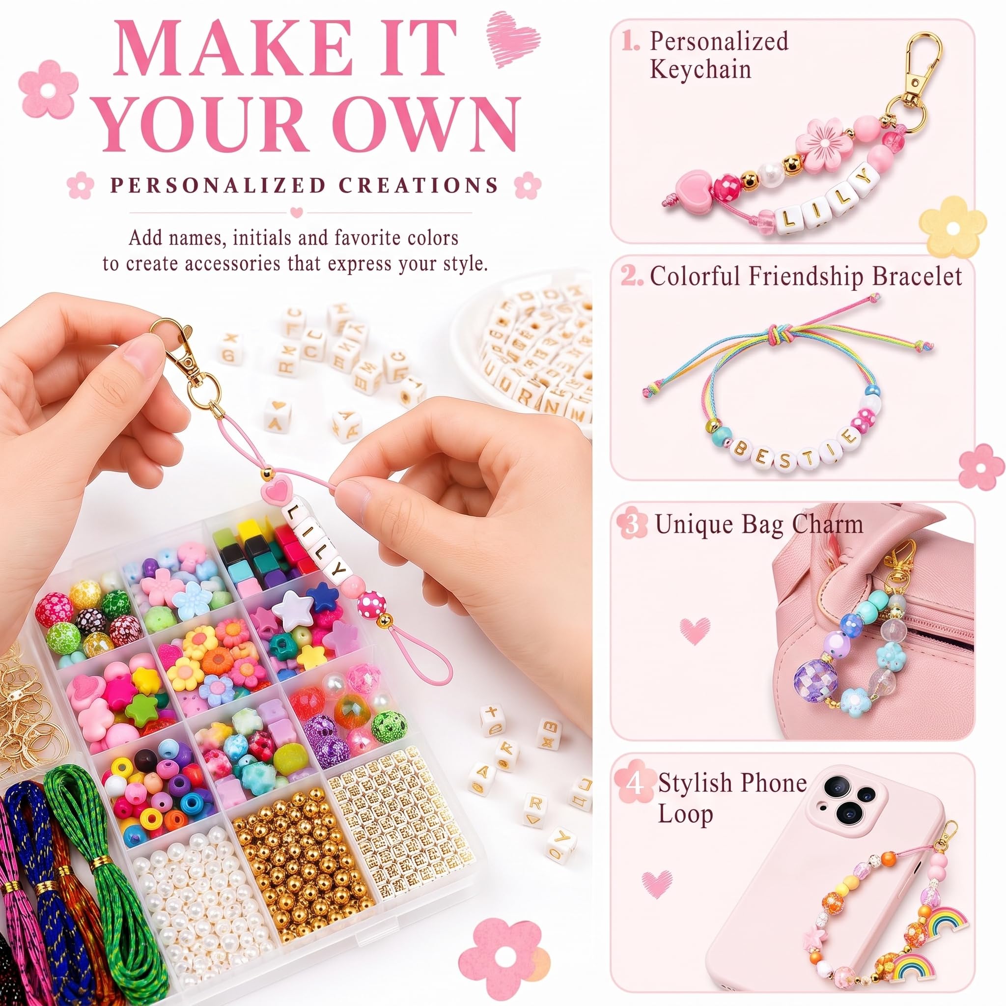 XZNBIAYA Kit di 1000 portachiavi con perline, kit fai da te, kit per la creazione di portachiavi con perline in acrilico, cuore, fiore, alfabeto, portachiavi, kit per la creazione di gioielli