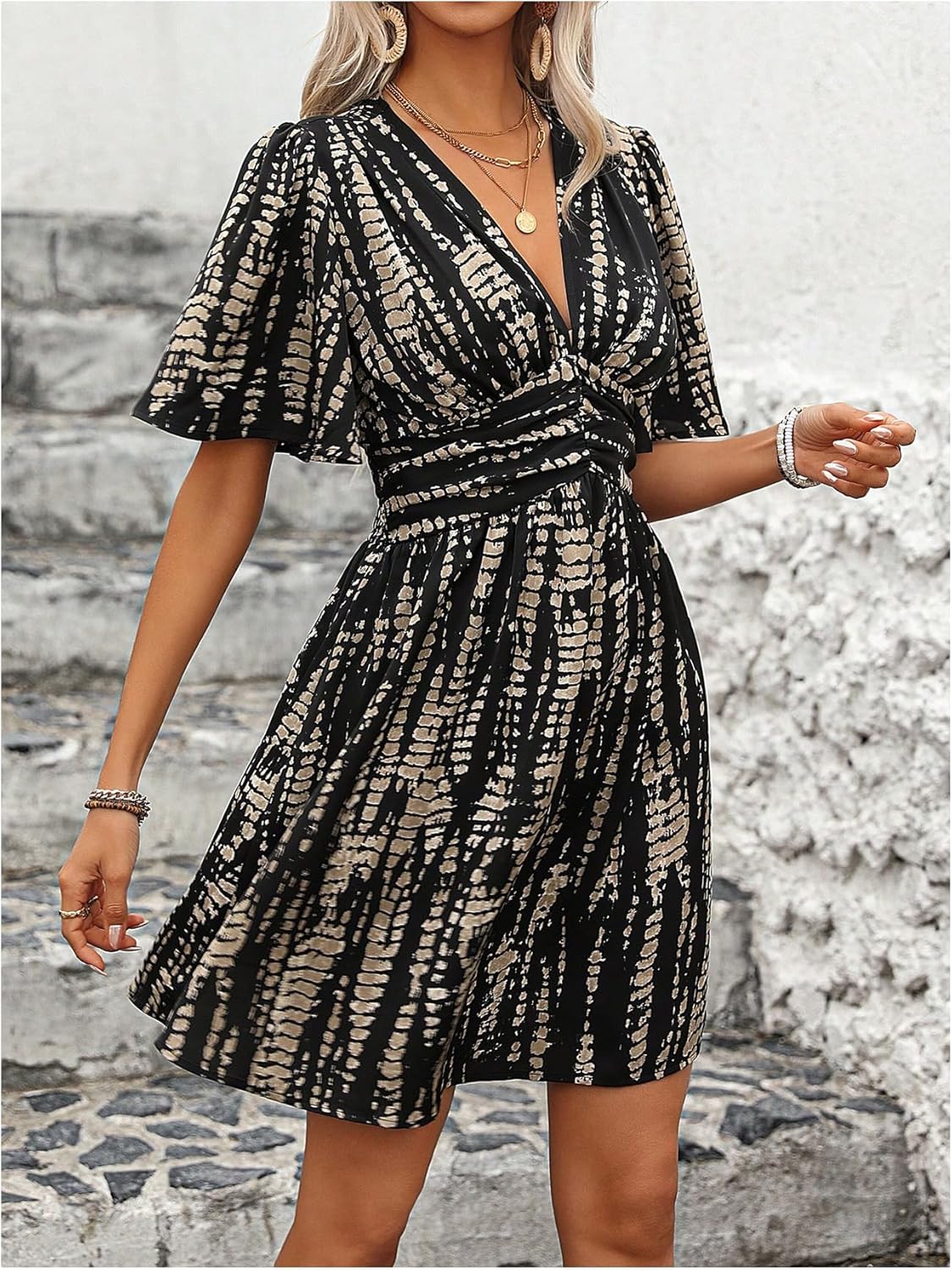 Floerns Women's Snakeskin Print V Neck Short Dress Flutter Sleeve A Line Flowy Dresses - Image 2