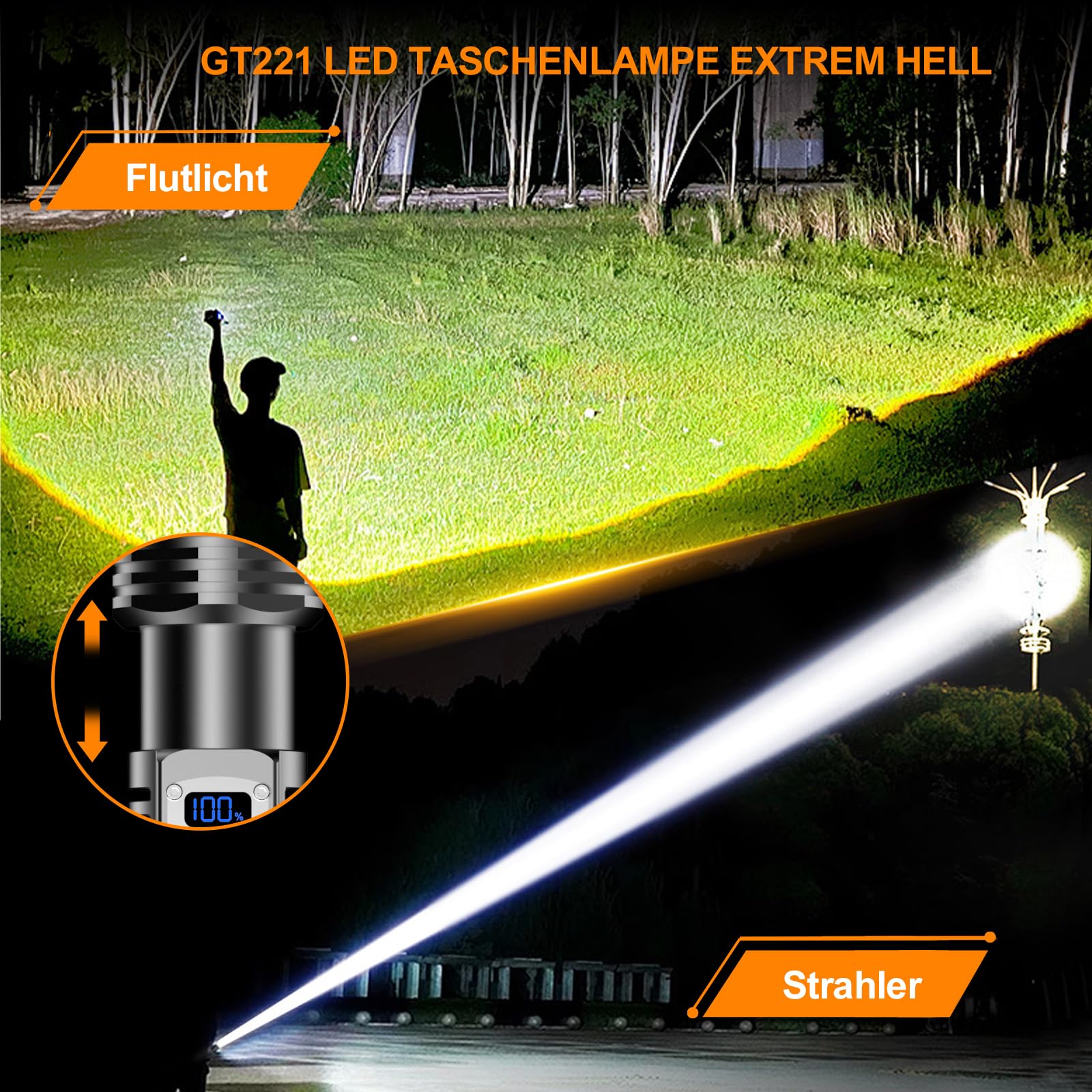 Relybo Led Taschenlampe Extrem Hell 1,000,000 LM - 60W Starke Taschenlampe | 1600m Reichweite Taschenlampe Led Aufladbar, 4 Modi, Stufenlos Dimmbar, Wasserdicht Für Outdoor Camping Wandern Notfälle