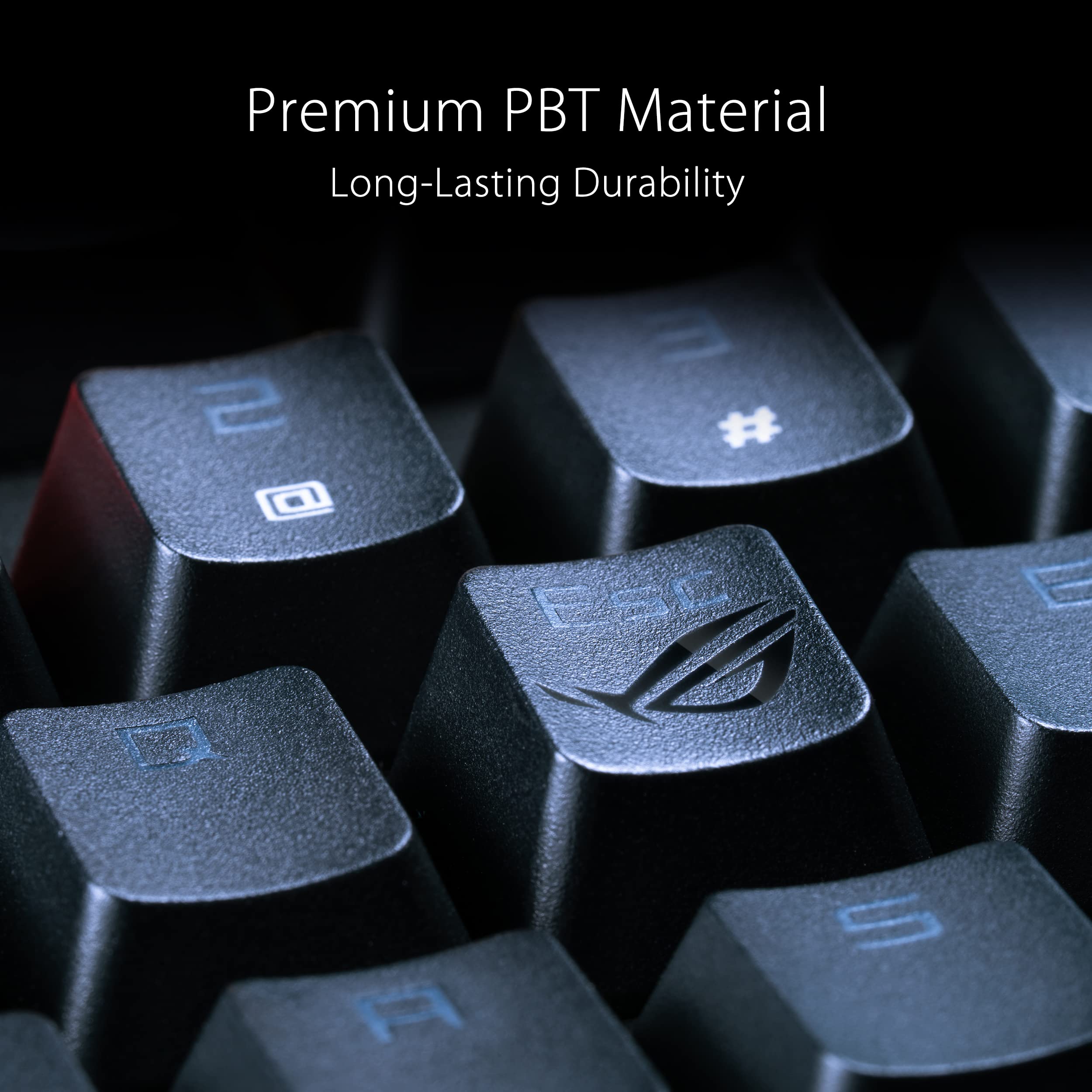ASUS ROG SET TASTI PBT, Qualità Premium, Materiale a Lunga Durata, Neri | Steli Ridotti, Profili A Media Altezza, Resistenti, Click Migliorati (Layout a 104/105 Tasti per Stati Uniti e Regno Unito)