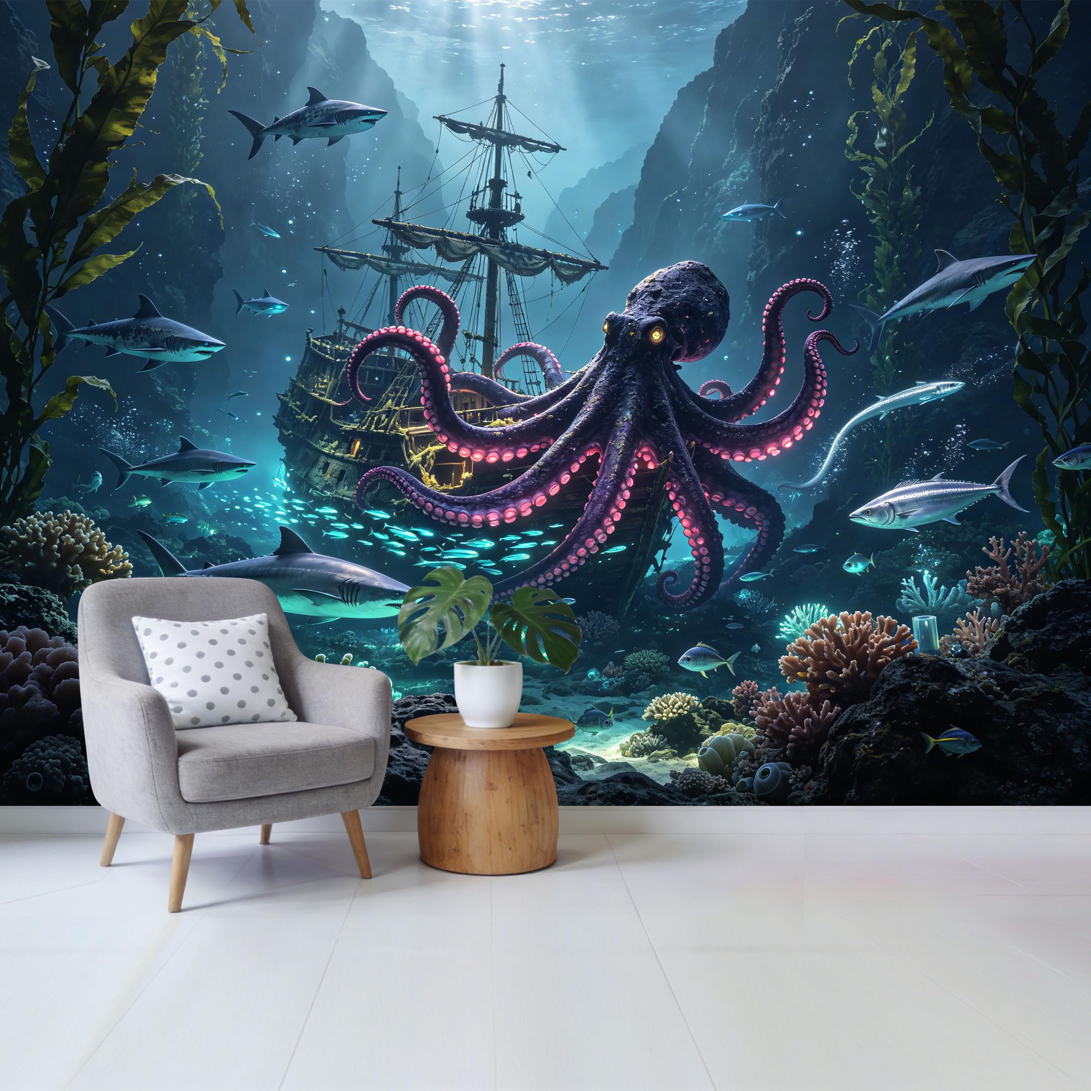 Custom Size Wall Mural Ocean Underwater Scene Giant Octopus Shipwreck Sharks Coral Reef 3D Marine Style Removable Self Adhesive Fabric Home Wall Decor for Living Room Bedroom Bathroom