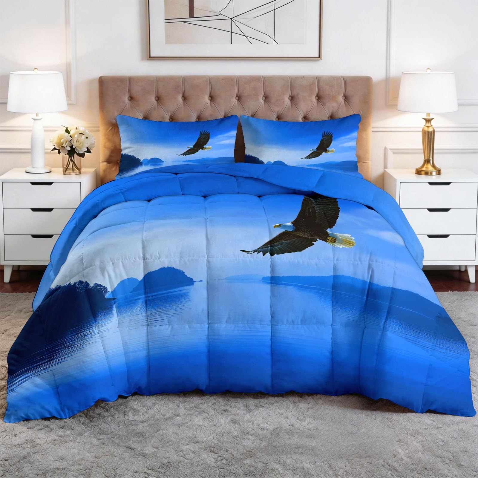 Paysage Naturel Courtepointe Réversible 240x220 cm, Ciel Bleu Surface de l'Eau Aigle Couette Douce Respirante, Courtepointe Légère et Respirante - Édredon Parure de Lit Couverture Matelassée Lavable