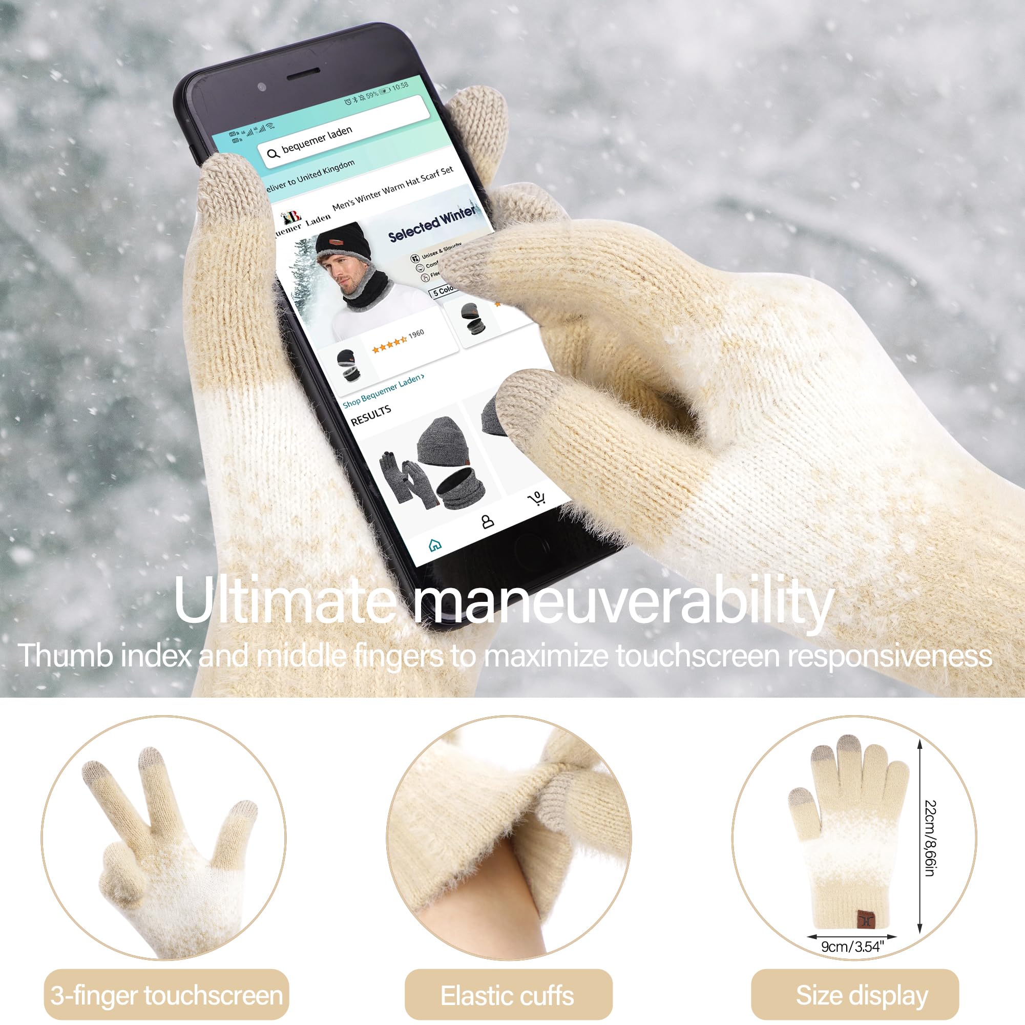 Femme Hiver Tricot Bonnet Chapeau Gants Tactiles Longue Echarpe Ensemble avec Doublure en Polaire Chauffants Skull Casquette Gants Foulards