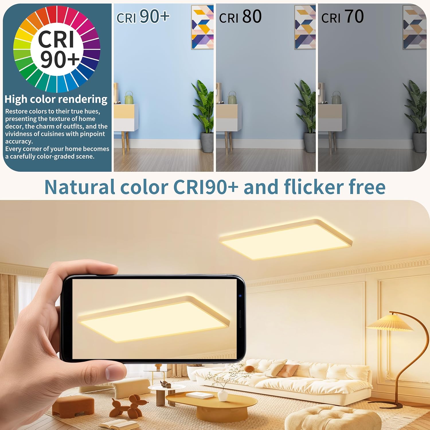 23 Inch Dimmable LED Flush Mount Ceiling Light Fixture with Remote, Square Low Profile Ceiling Light,3000K–6500K Color Changing,1800K Night Light,White,for Bedroom,Kitchen,Living Room
