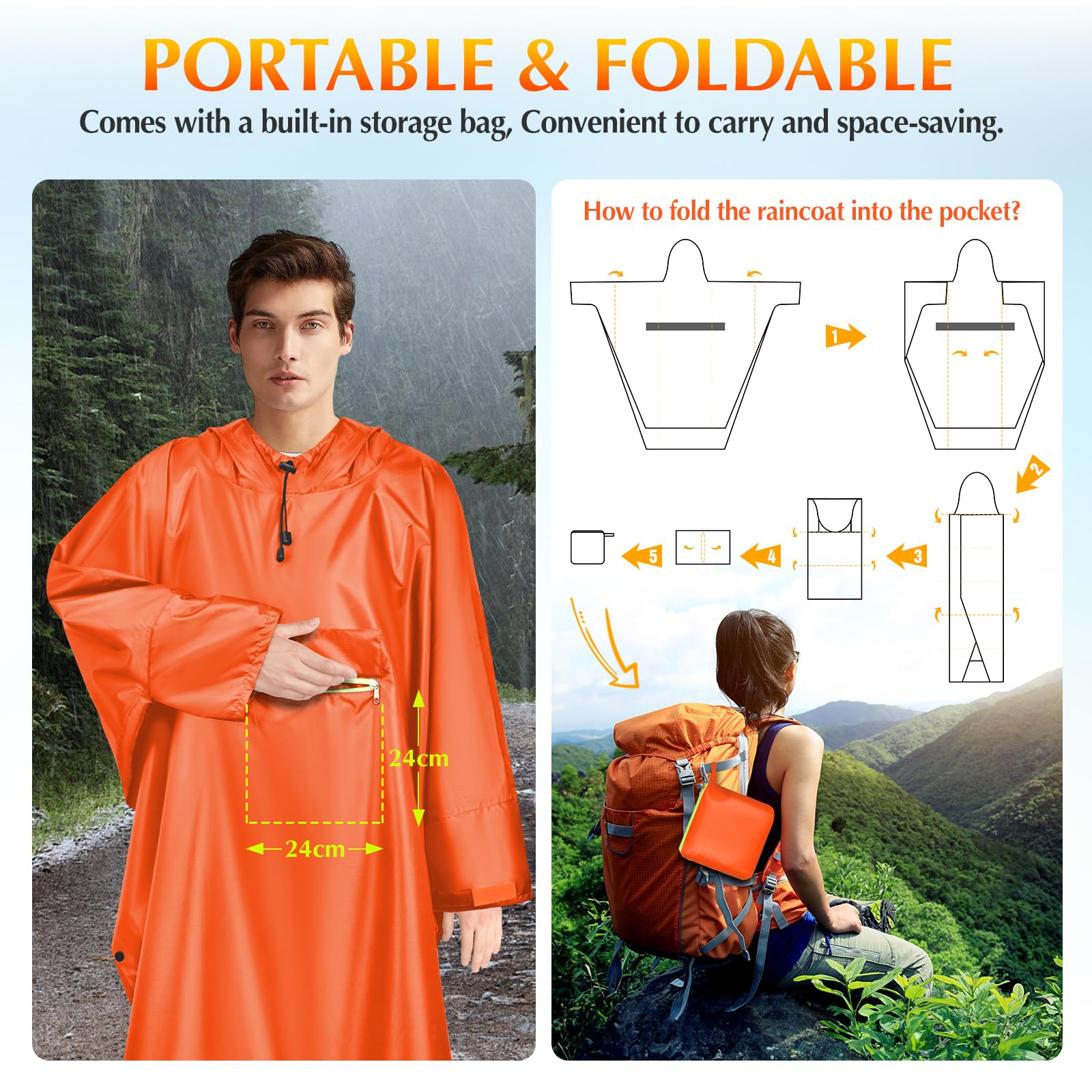 Veste de pluie imperméable pour femme, unisexe, légère, imperméable multi-usage pour l'extérieur, le camping, la randonnée et la pêche, orange, Taille Unique
