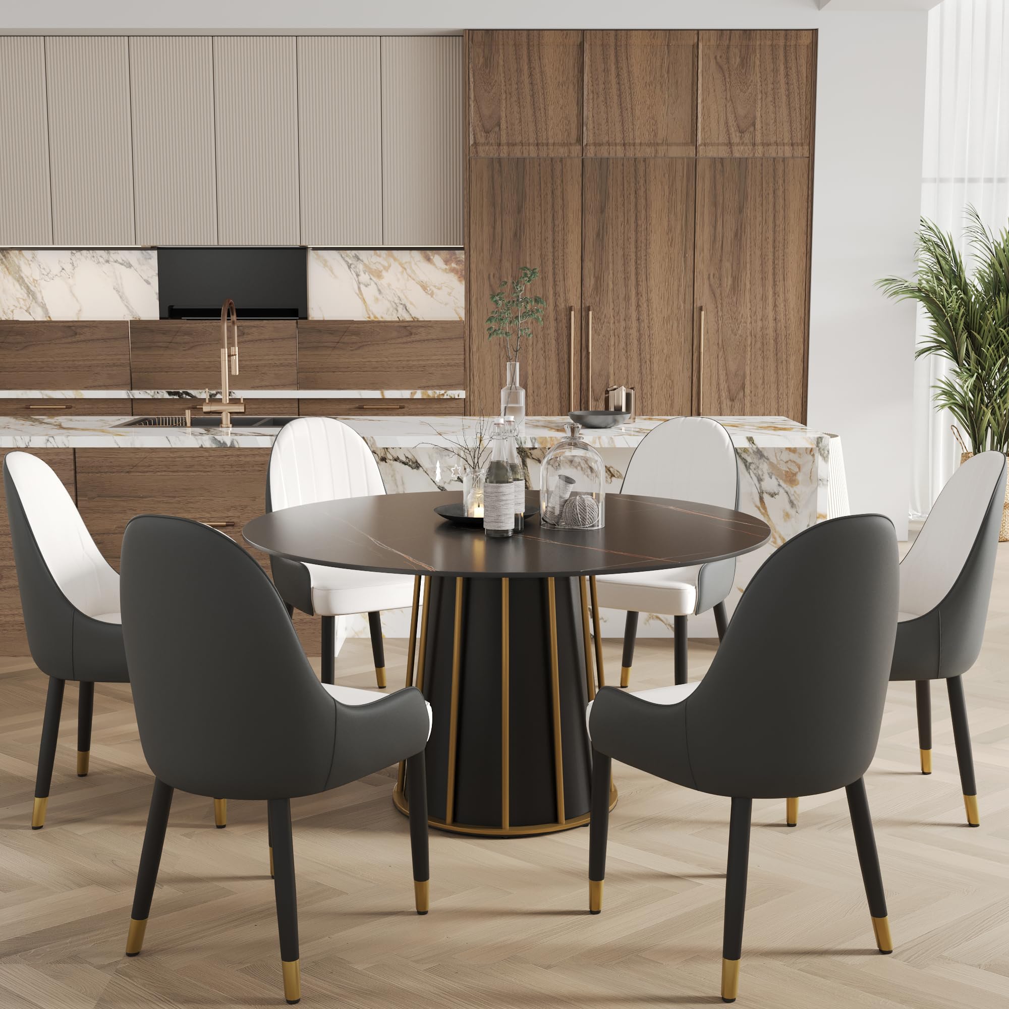 Amazon.com - 59'' Round Marble Dining Table for 4-6, Black Sintered Stone Circle Kitchen Table ...