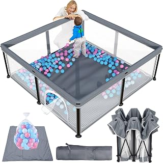 TOREVSIOR 50x50 Foldable Baby Playpen with Mat & 50 Ocean Balls - Portable Safety Play Yard for Babies & Toddlers Indoor Outdoor