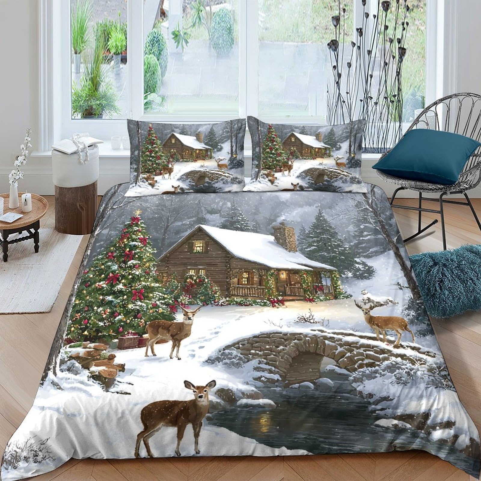 Ctjqhvkz Style-7 3D Printed Winter Cabin Fitted Sheet Microfiber Soft Snow Forest Christmas Deer Mattress Cover For Bedroom Guest Room Decor Single（135X200cm）
