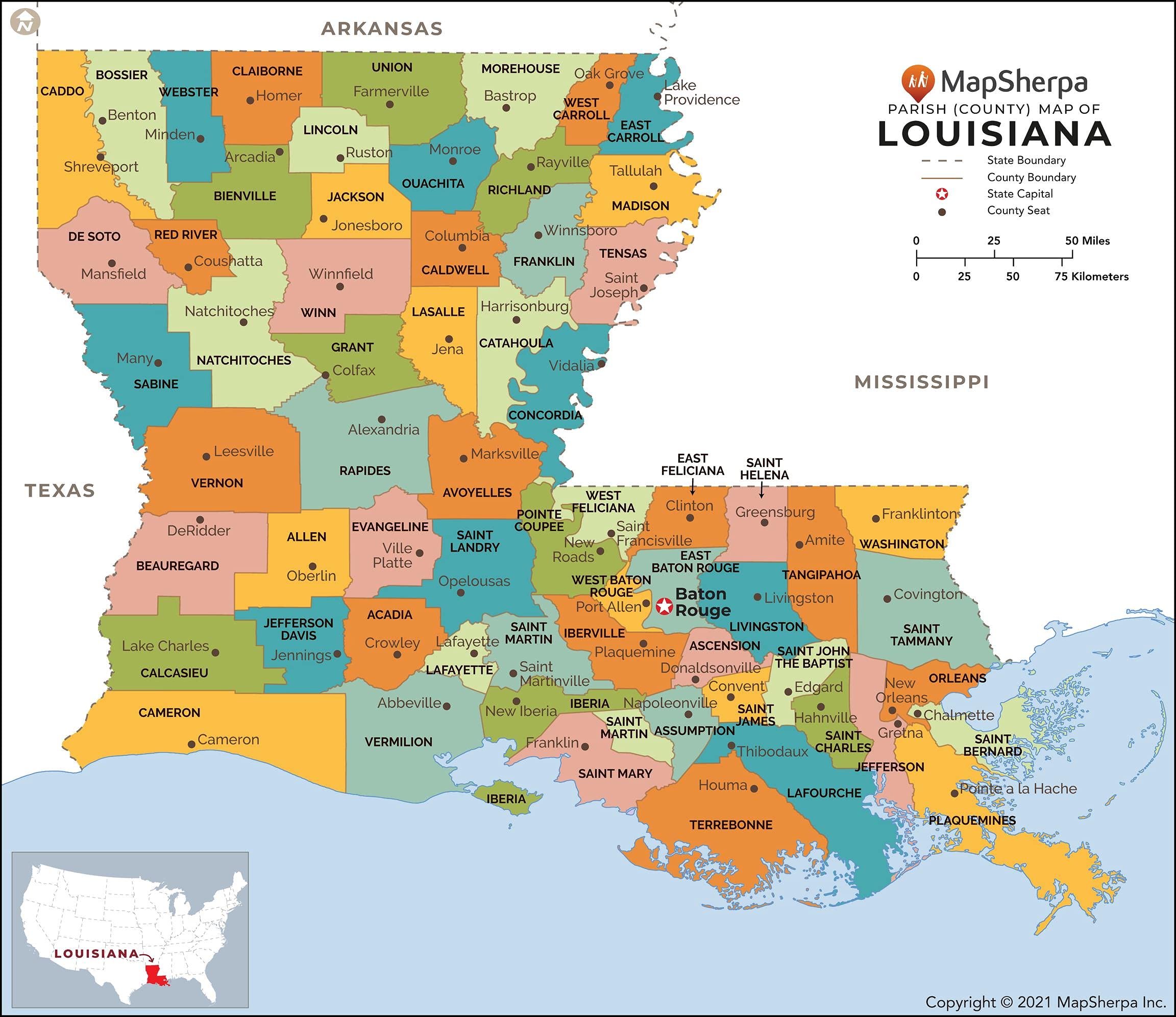 Louisiana Parishes (Counties) Map - Large - 48" x 41.75" Laminated