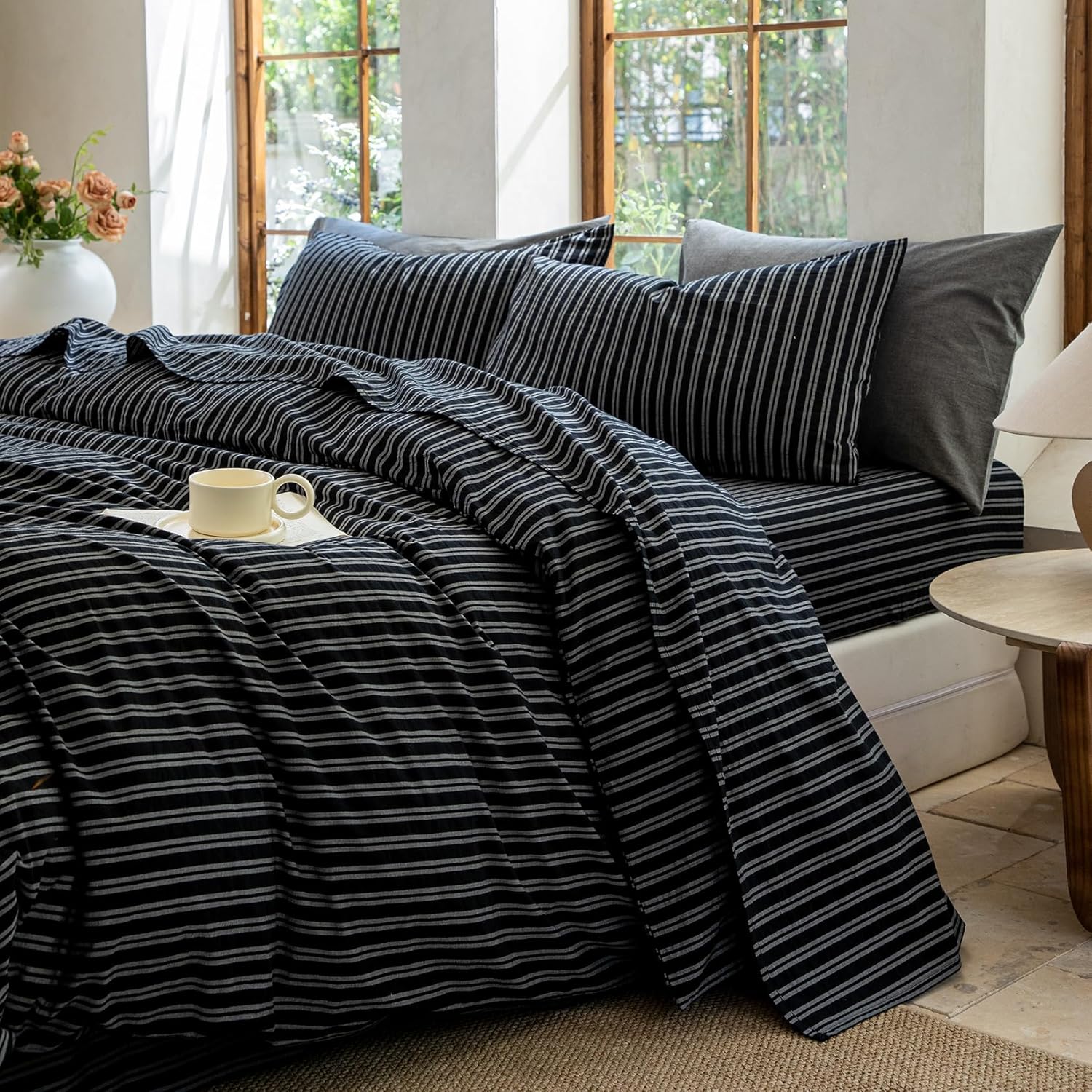 Striped Bedding Sheet Set 4 Pcs,100% Washed Cotton Linen Like,1 Fitted Sheet,1 Flat Sheet and 2 Pillowcases,Comfy Textured Sheet Set(Strip-Black/White,Queen)