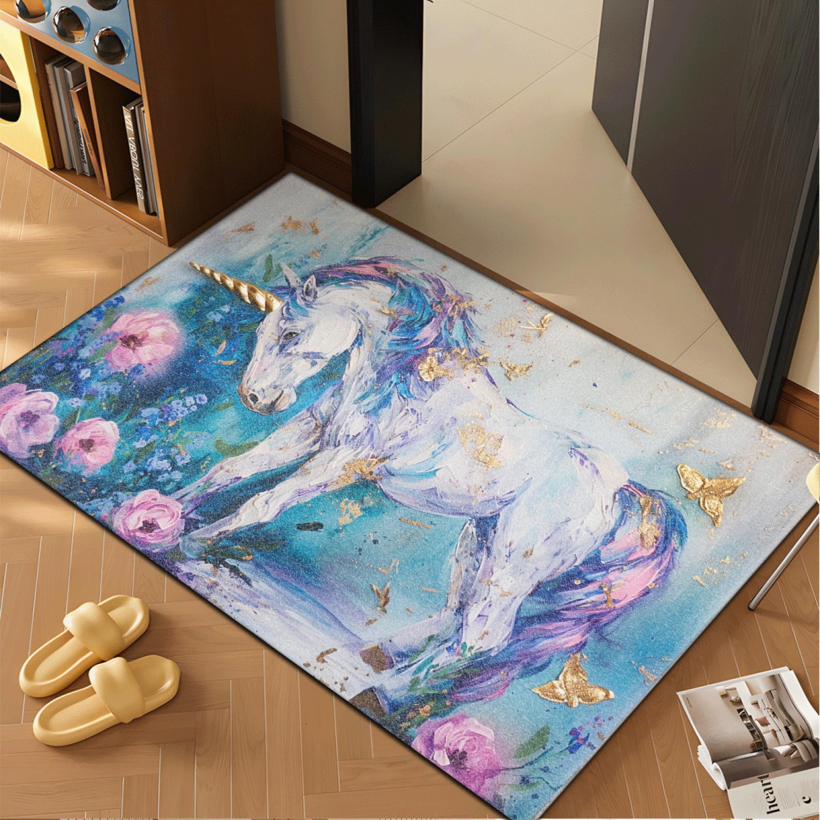 Fussmatte Innen 80x120 cm Blau Rosa Einhorn Fussmatte Aussen rutschfeste für Hund Eingang Badematte Waschbar Schmutzfangmatte Strapazierfähige und Langlebige Fussmatten Haustür