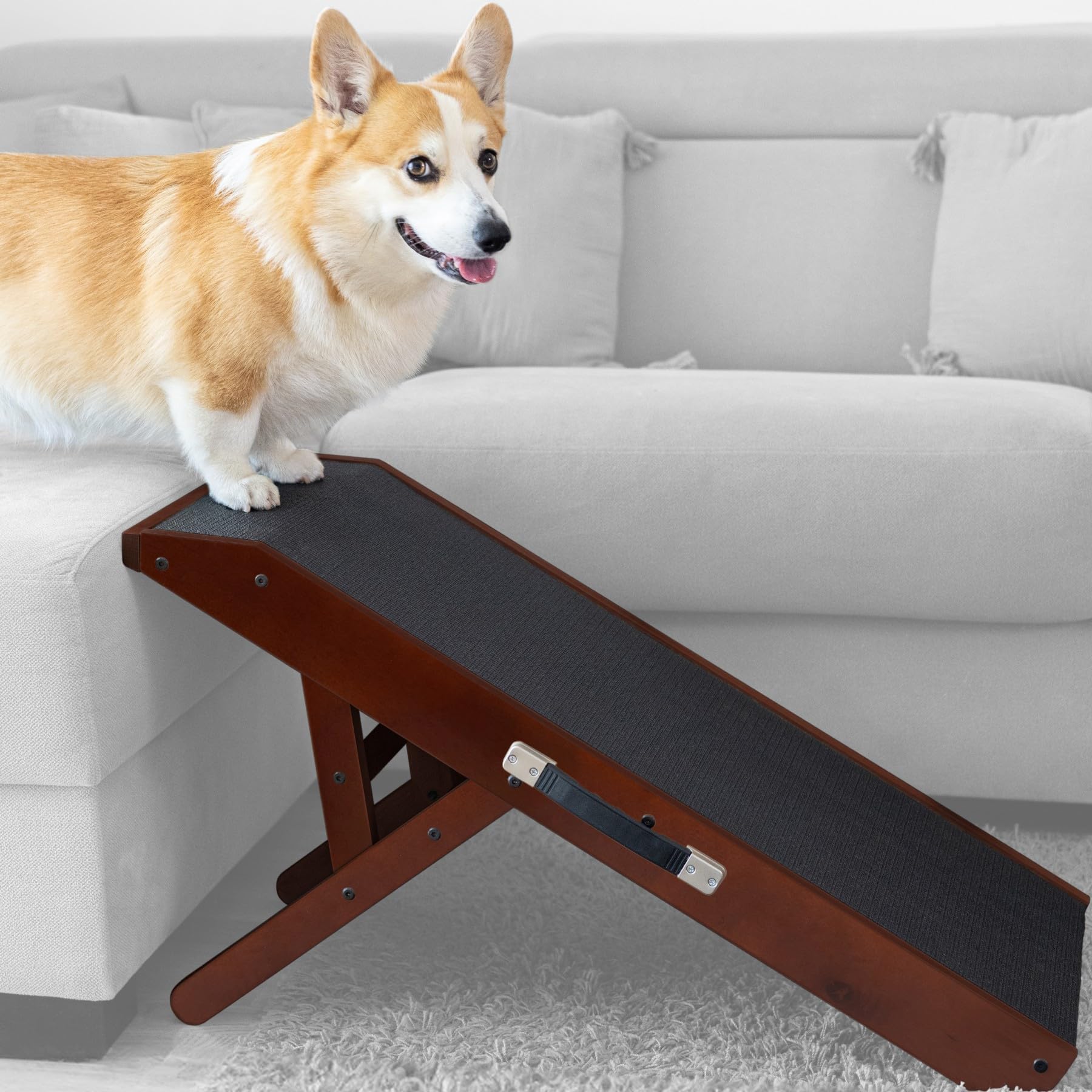 PRIORPET Dog ramp for Couch - Birchwood Foldable Dog ramp - Adjustable 7" to 20" - Landing Platform Seamlessly Connects - Anti-Slip Grip - Pet Ramp for Small Dogs up to 170lbs - Walnut