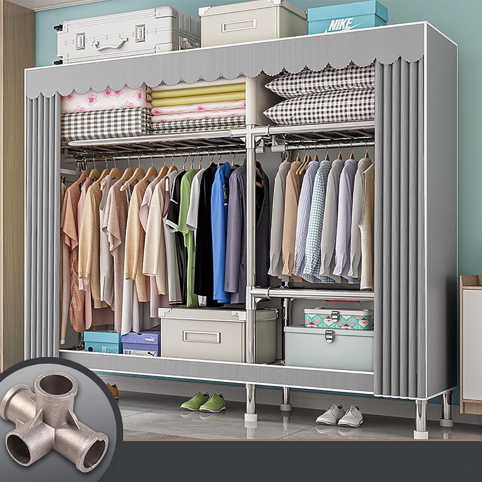Armario de tela de gran capacidad con estructura firme para guardar ropa