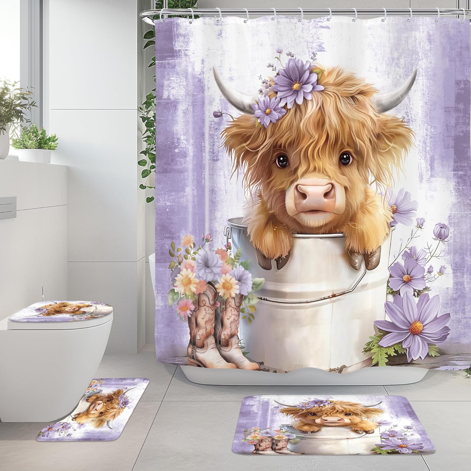 Riyidecor Purple Highland Cow 4Pcs Bathroom Shower Curtain Sets Western Rustic Daisy Floral Bathroom Decor Set with Rugs and Accessories Cute Toilet Lid Rug, Contour and Bath Mat with 12 Hooks