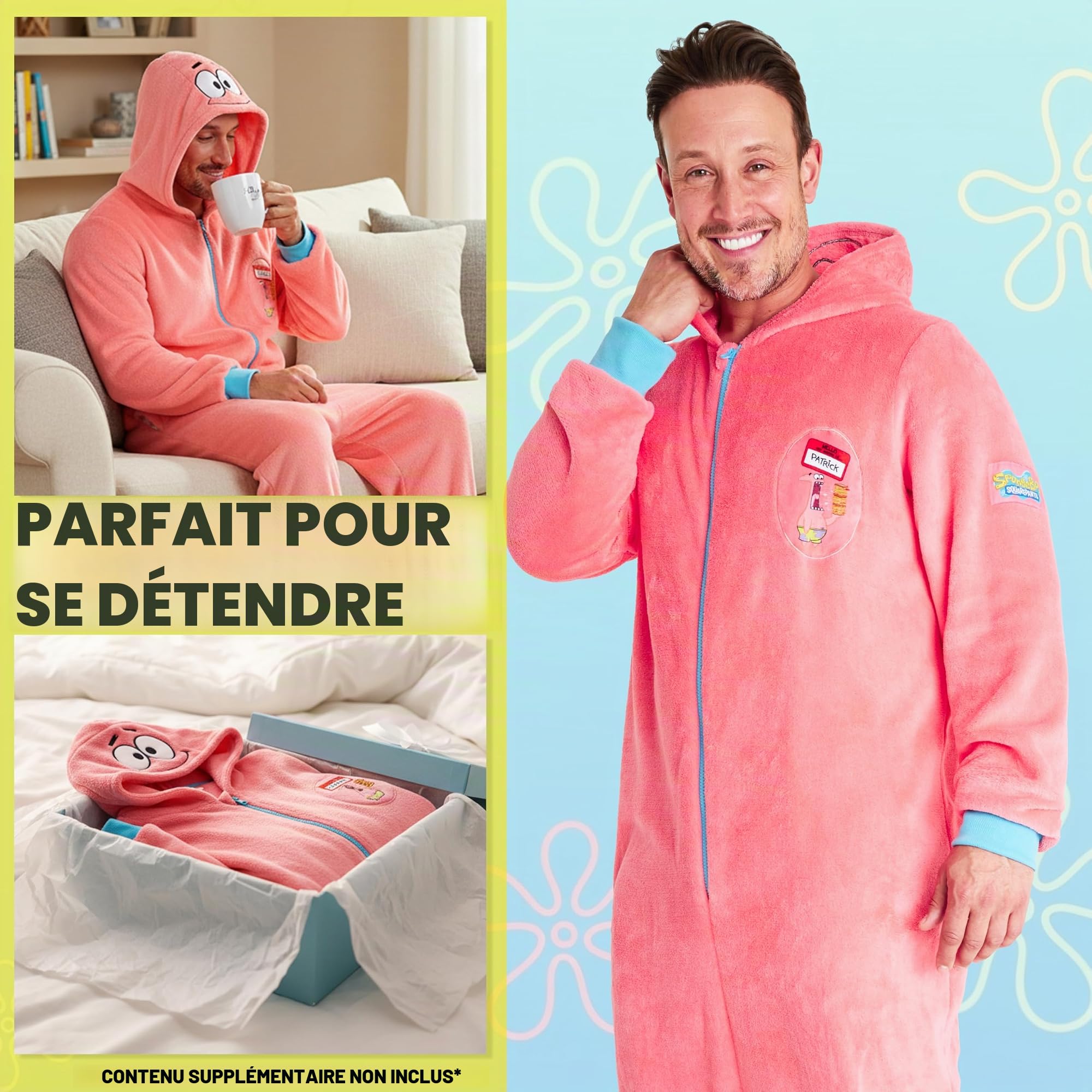 SPONGEBOB SQUAREPANTS Combinaison Pyjama Homme et Ado, S –3XL, Grenouillere Adulte à Capuche, Maison Loungewear