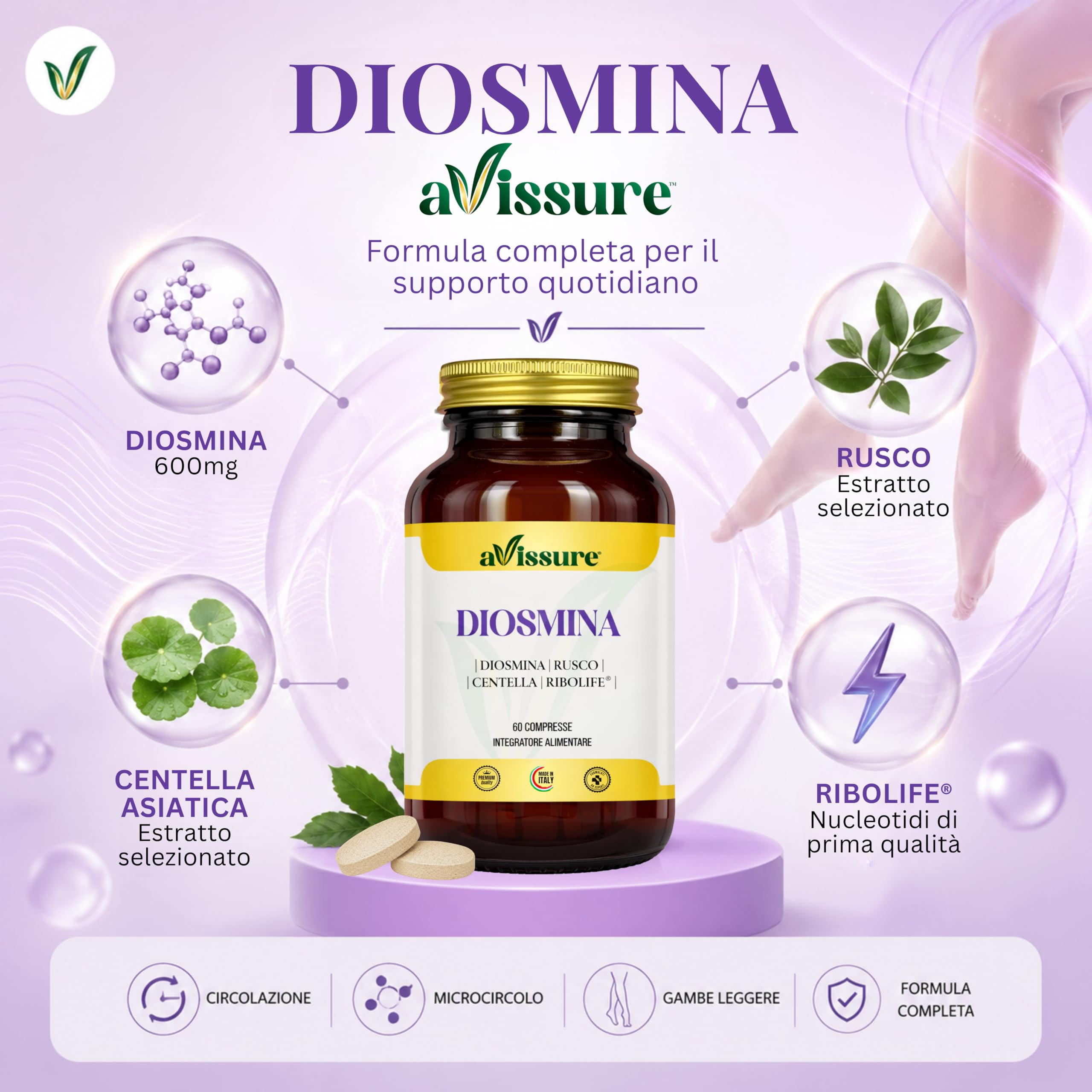 Diosmina 600mg avissure, Integratore Microcircolo e Circolazione Venosa, con Rusco e Centella, Supporto Gambe Pesanti e Benessere Vascolare, con Ribolife®, 60 Compresse, Senza Glutine, Lattosio, OGM