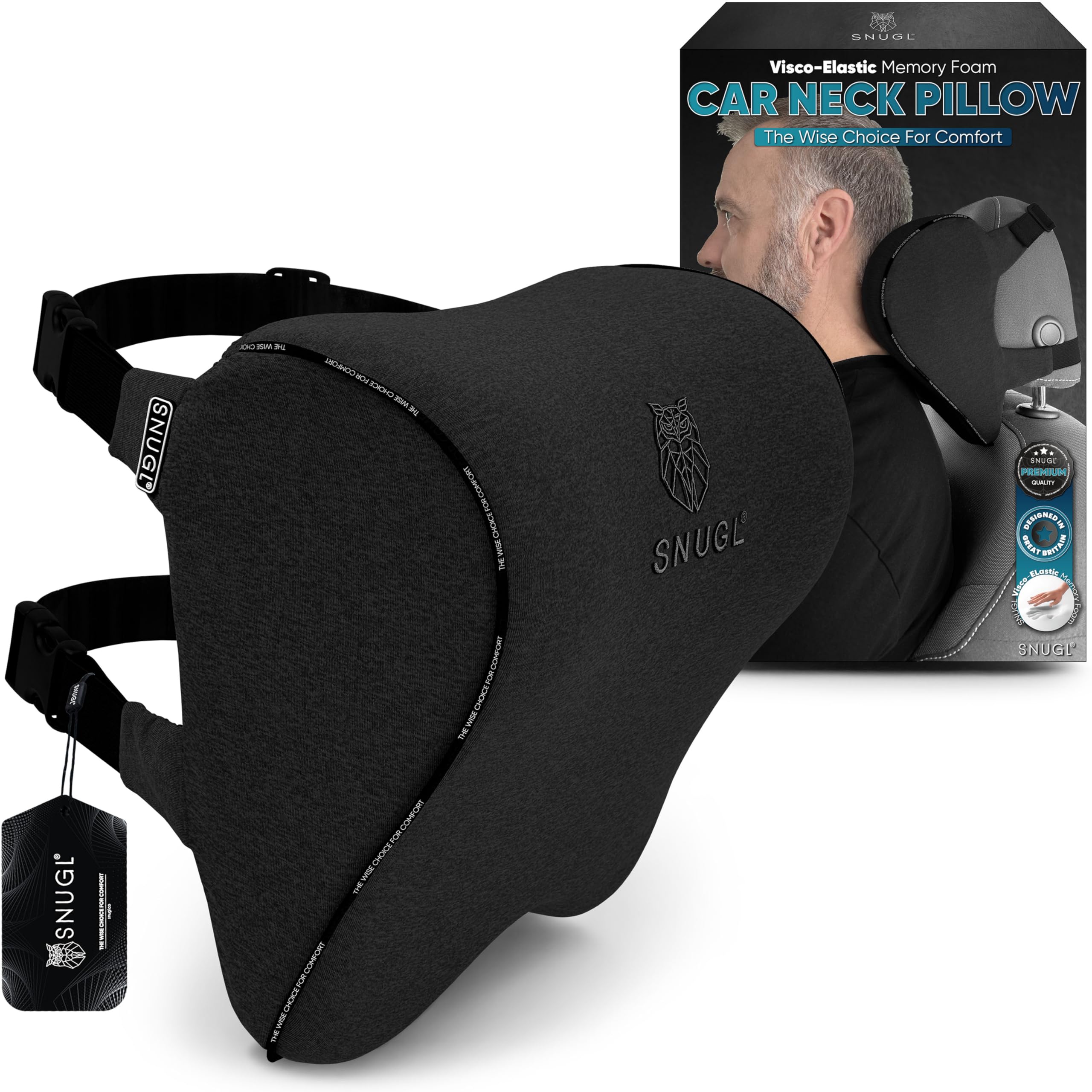SNUGL Car Headrest Pillow | Memory Foam Car Neck Pillow - Car Seat Head Support with Two Adjustable Straps & Removable Cover, Head Rest Pillow for Car with Ergonomic Design, Travel Neck Pillow for Car