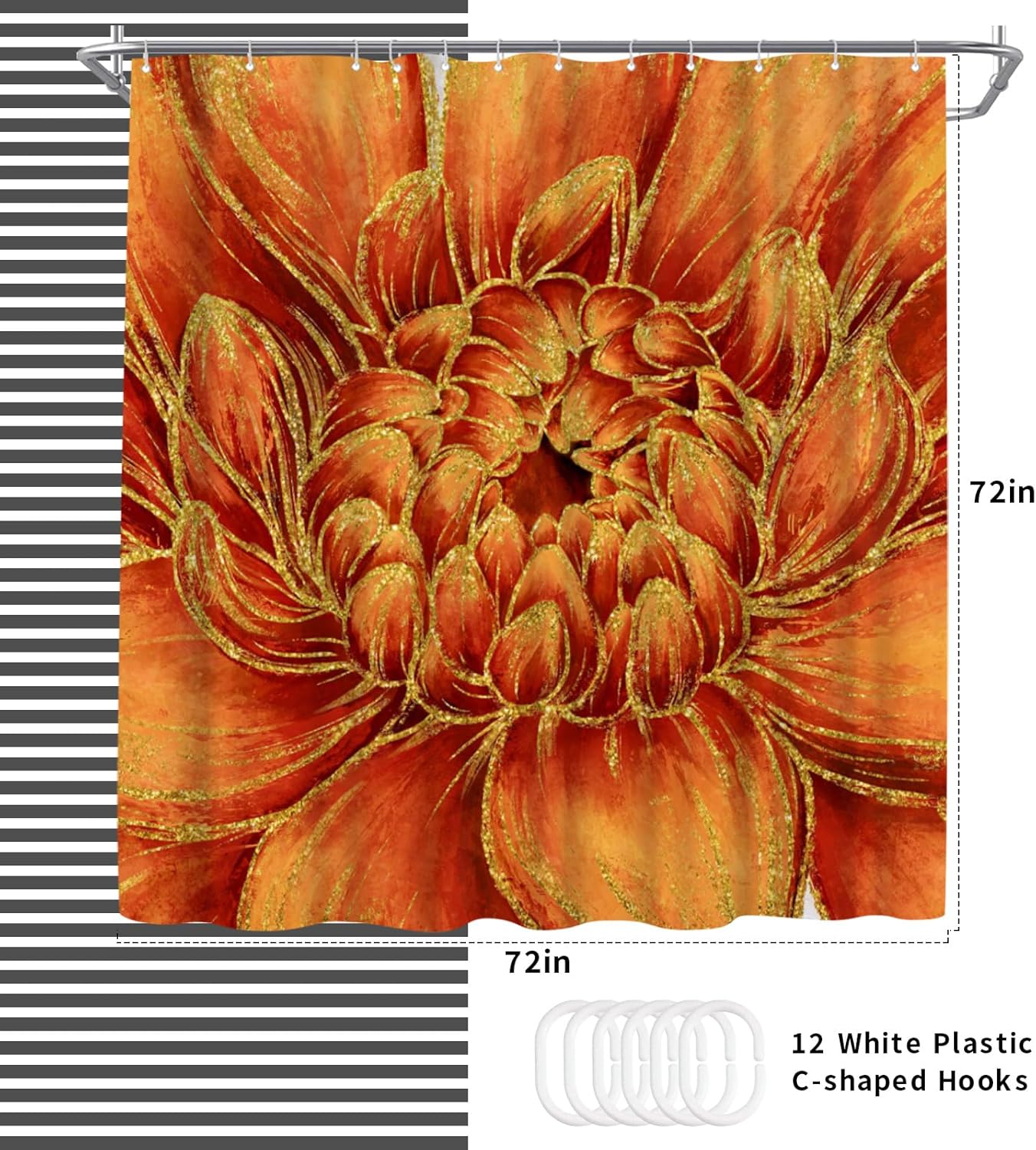 WELMECO Bathroom Decor Floral Shower Curtain, Gold Texture Printed, 72x72inch Flower Shower Curtain (Orange)