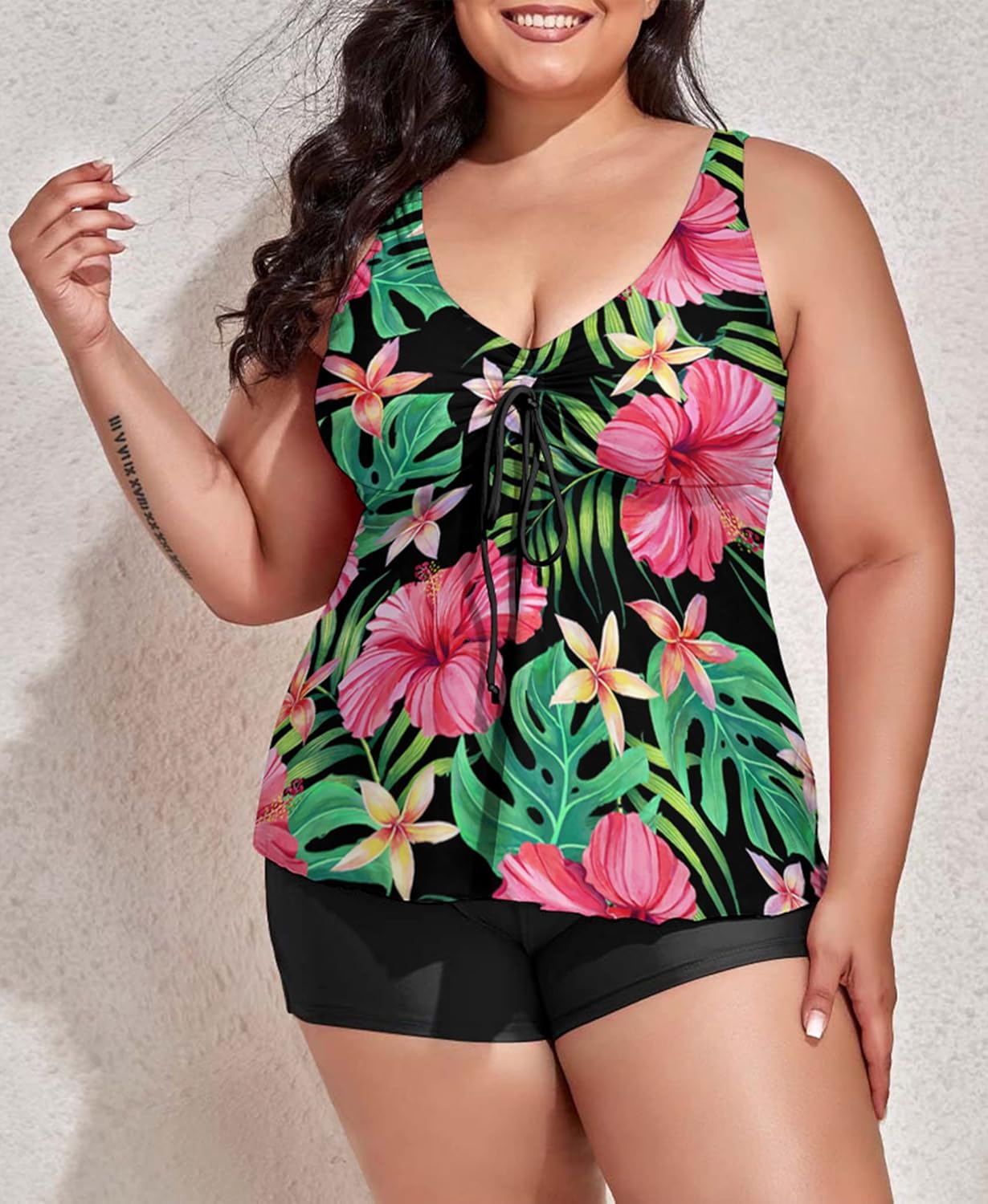 Omichic Modest Tankini Swimsuits for Women Two Piece Bathing Suits Floral Print Tank Top with Boyshorts