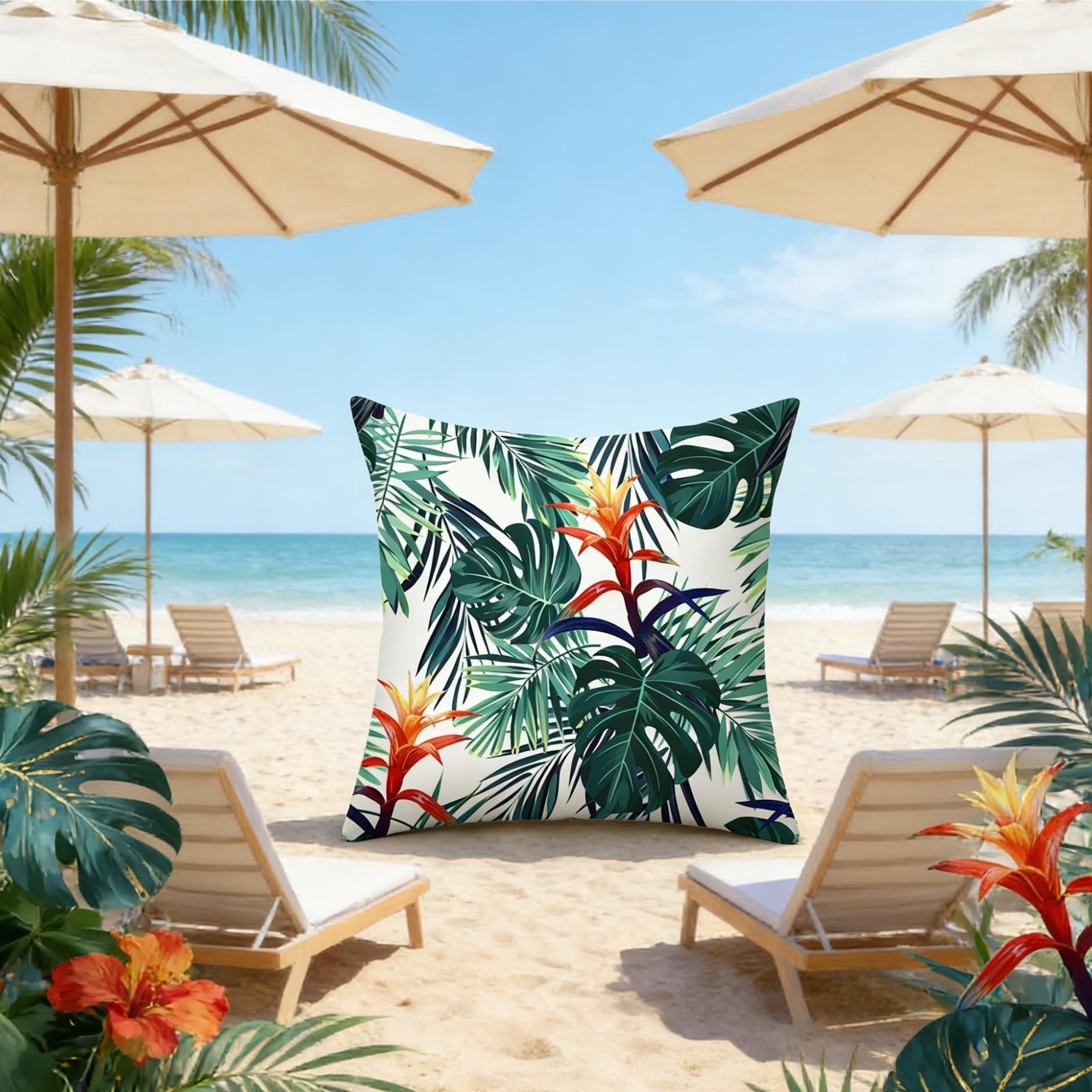 Fundas de almohada, diseño de hoja de palma verde acuarela, estilo tropical moderno, fundas de cojín decorativas de lino para sofá del hogar
