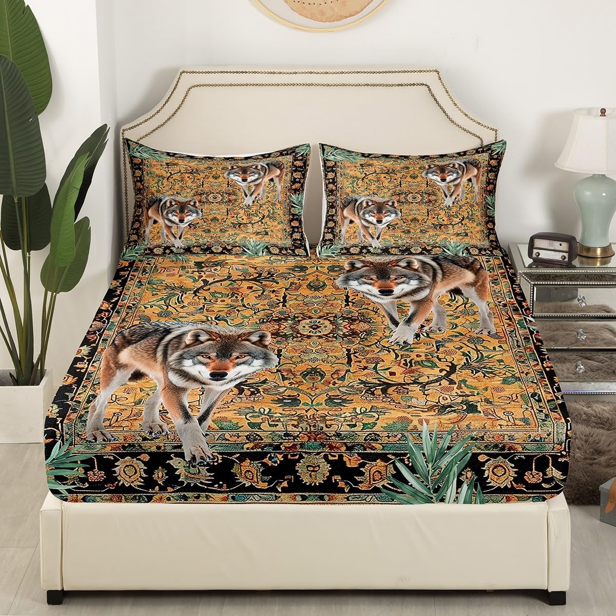 Erosebridal Wolf Fitted Sheet Full Size Southwestern Bed Sheets for Adults Men Women Boho Vintage Woodland Bedroom Decor Wild Animal Sheets Bohemian Flowers Retro Camel Bedding Set