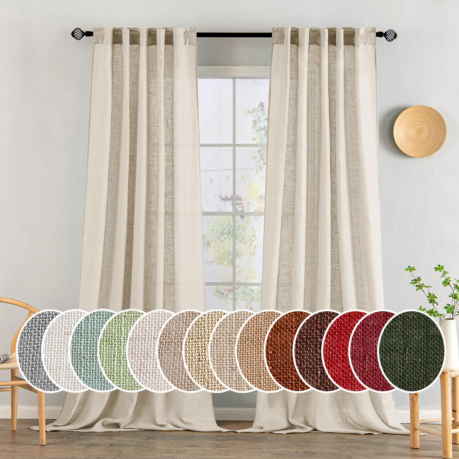 Photo 1 of MIULEE Beige Linen Curtains 108 Inches Long 2 Panels for Bedroom Living Room, Soft Linen Textured Window Drapes Semi Sheer Light Filtering Back Tab Rod Pocket Farmhouse Modern Burlap Look Decor