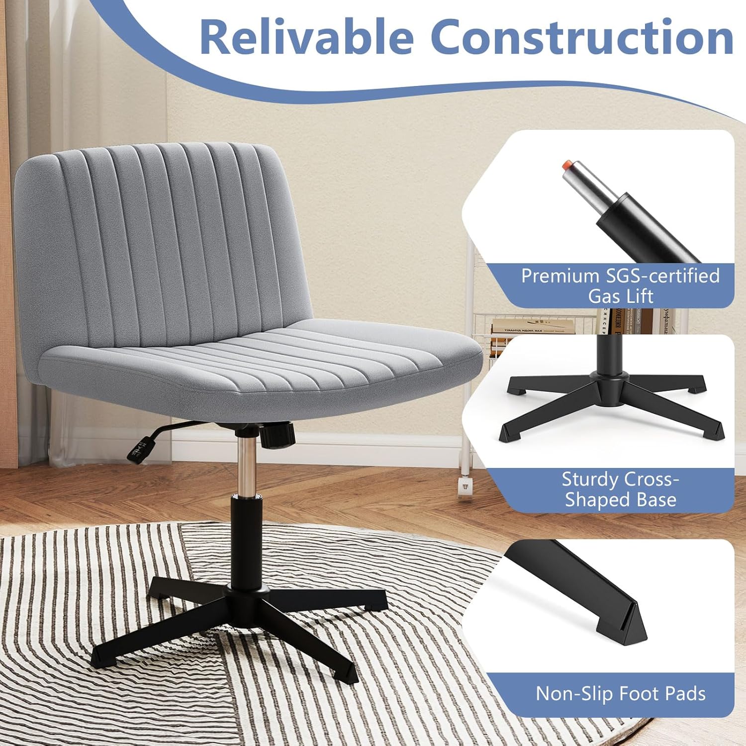 Giantex Criss Cross Chair, Armless Cross Legged Office Chair No Wheels, Fabric Adjustable Swivel Ergonomic Desk Seat, Modern Wide Makeup Task Vanity Chair for Home, Gray
