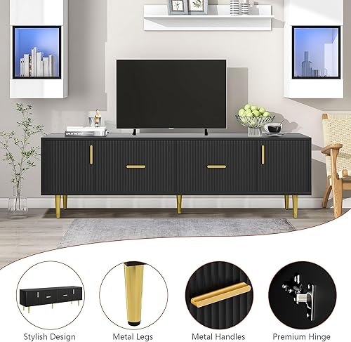 Miniatura 3 de Soporte de TV para TV de 70 pulgadas, moderno centro de entretenimiento con almacenamiento y 2 cajones, consola multimedia con panel de forma de