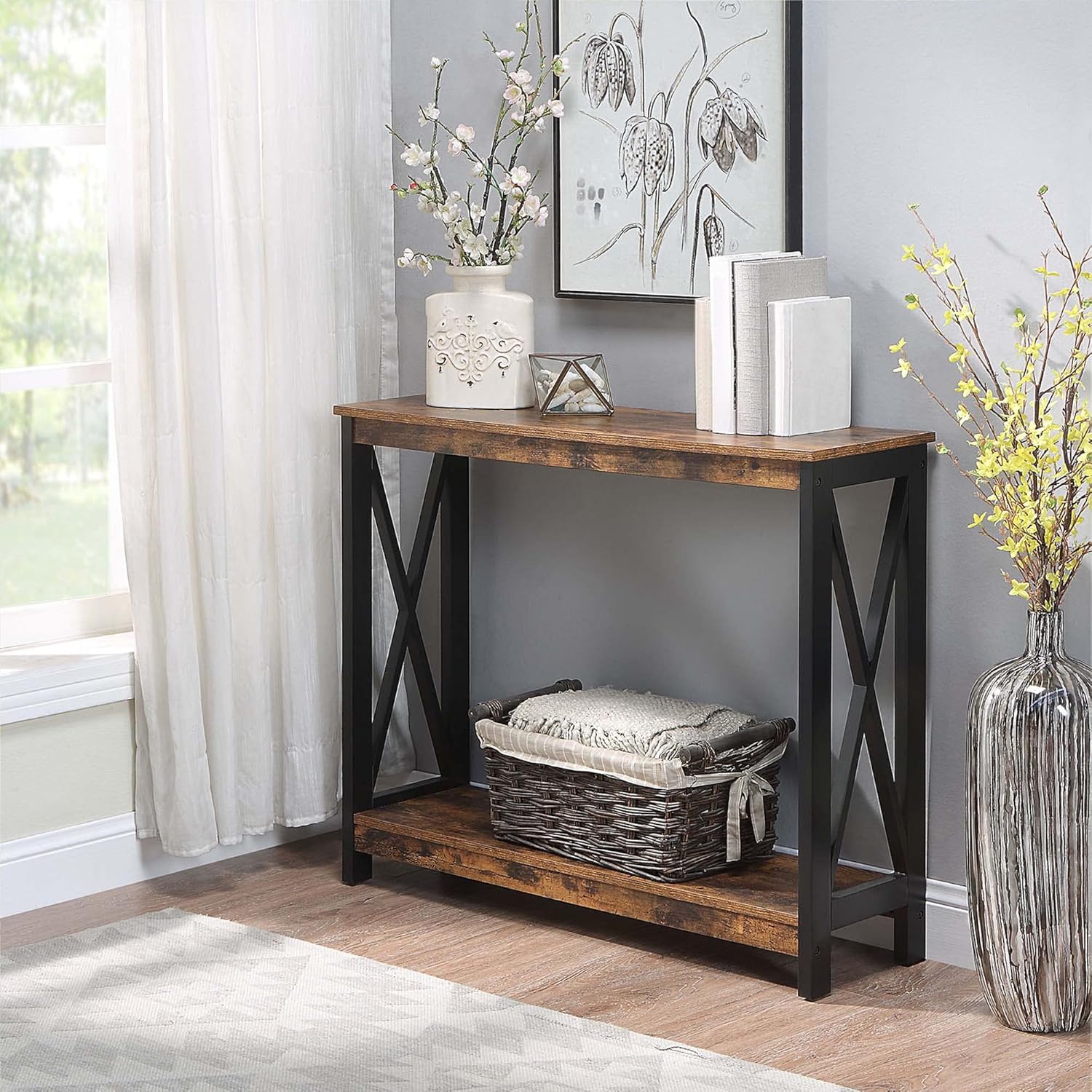 Convenience Concepts Oxford Console Table 39.5" - Sofa Table with Storage Shelf, Transitional Entryway Hall Table for Living Room and Bedroom, Display Foyer Table, Barnwood/Black