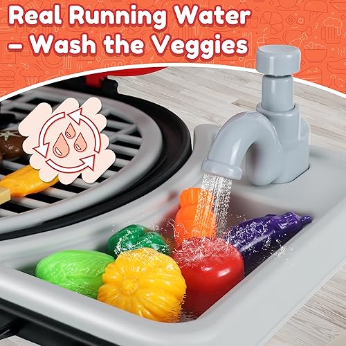 Miniatura 5 de Parrilla de barbacoa para niños con humo, sonido y luz – Parrilla de juguete interactiva para niños pequeños y niños, cocina al aire libre, comida