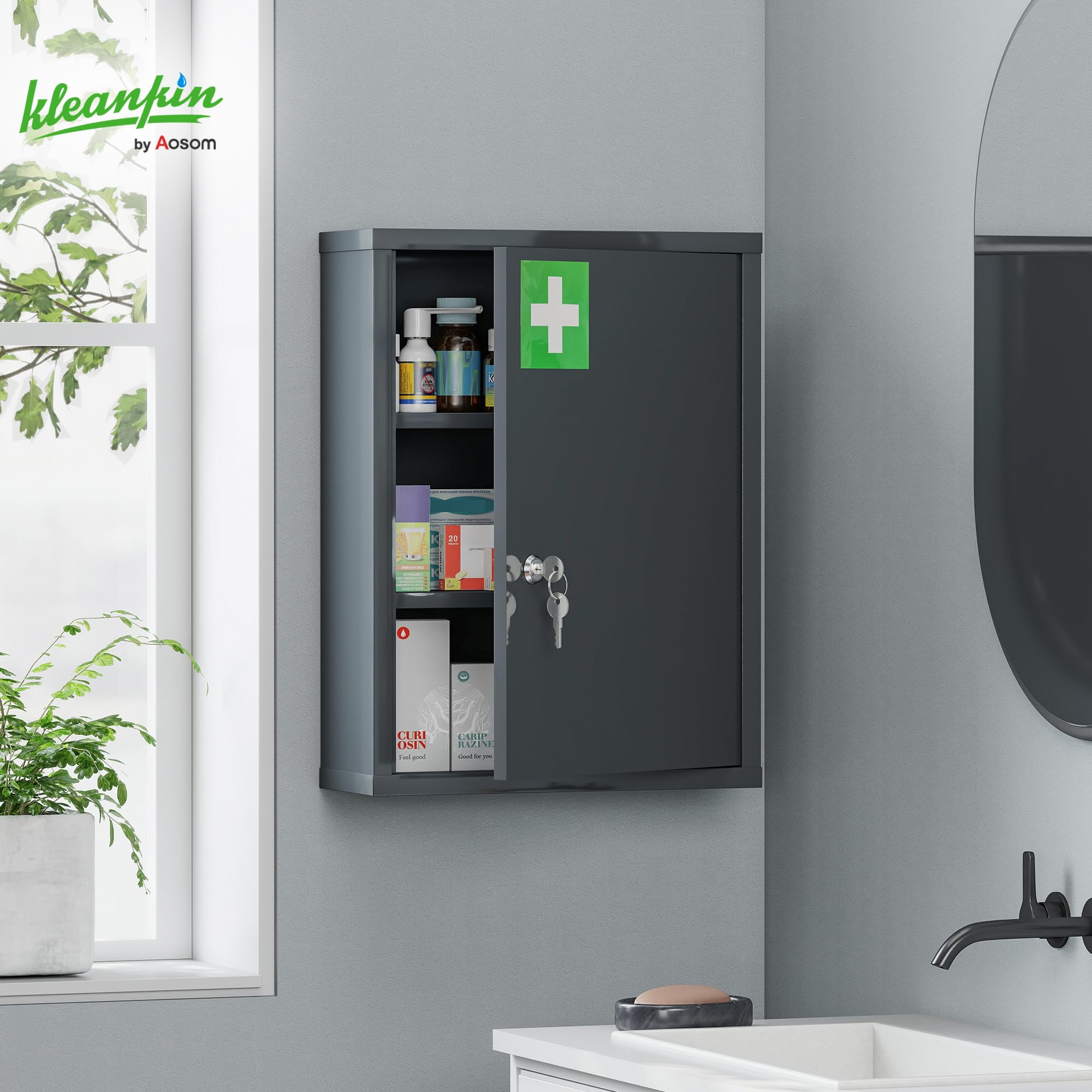 kleankin Armoire Pharma Verrouillable 3 Compart. 40x15x53.5cm Gris Anthr.