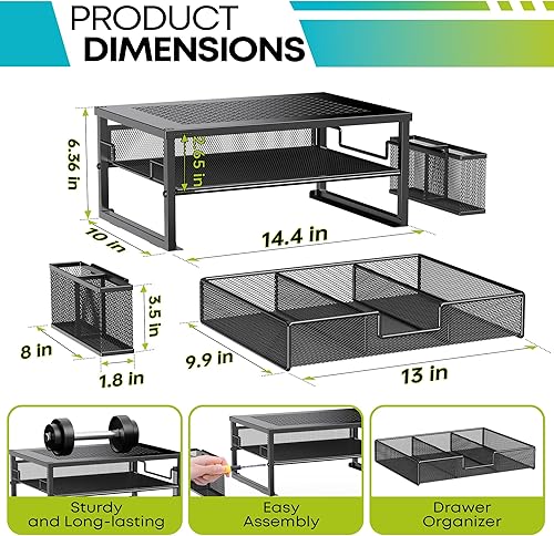 Miniatura 2 de Soportes para monitor de computadora de 2 niveles con cajón y 2 soportes para lápices, soporte de monitor de metal, accesorios de escritorio de