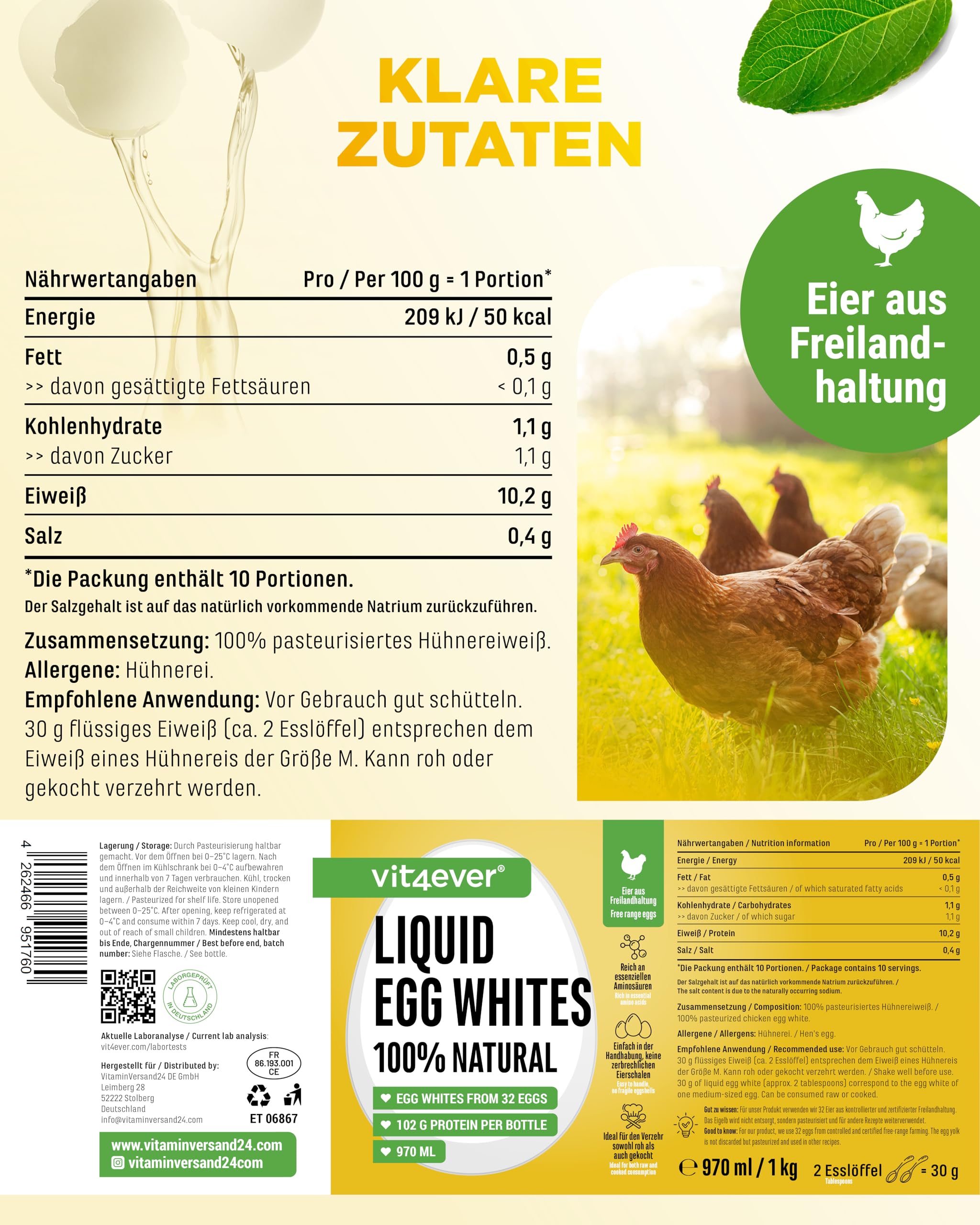 Vit4ever 100% Flüssiges Eiweiß (6x 970ml) Eiklar-flüssig aus Freilandhaltung Hühnereiweiß