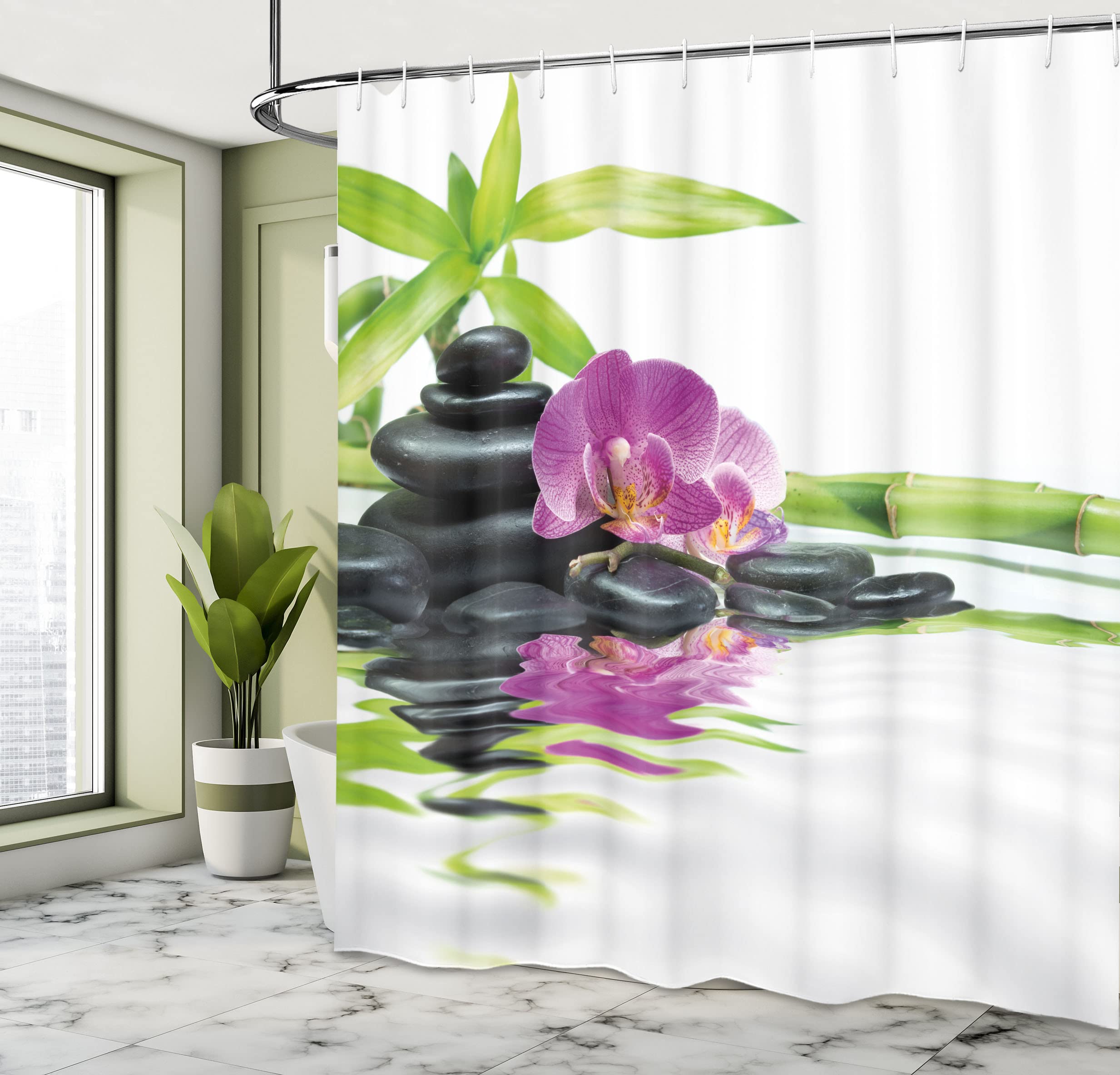 ABAKUHAUS Spa Shower Curtain, Relaxation Ways Massage Stone Orchid and Bamboo Print - Image 4