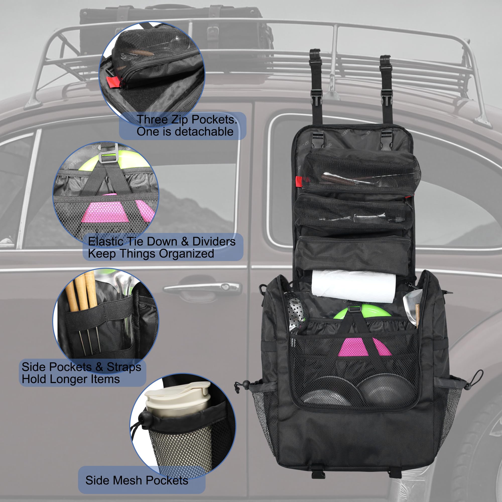 Camping-Küchen-Organizer, tragbare Kochutensilien-Aufbewahrung, hängende Caddy Tasche mit mehreren Taschen für Camping, Kochgeschirr, Grillen, Auto, Reisen, Picknick (nur Tasche), schwarz