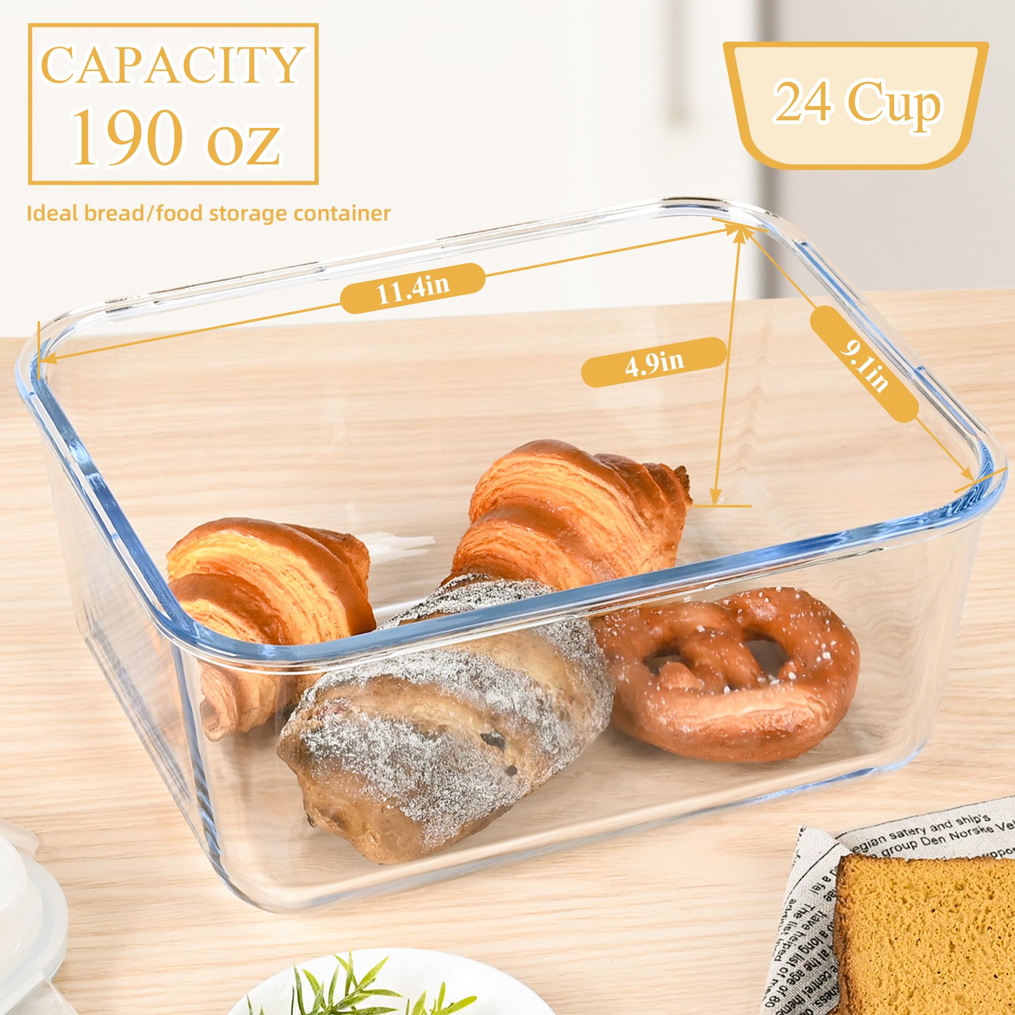 LOVYANXUE Caja de pan de vidrio hermética, contenedor de pan de 5,386.4 g/24 tazas grandes de vidrio con tapas, recipientes herméticos ideales para almacenamiento de alimentos, asar pavo/pollo
