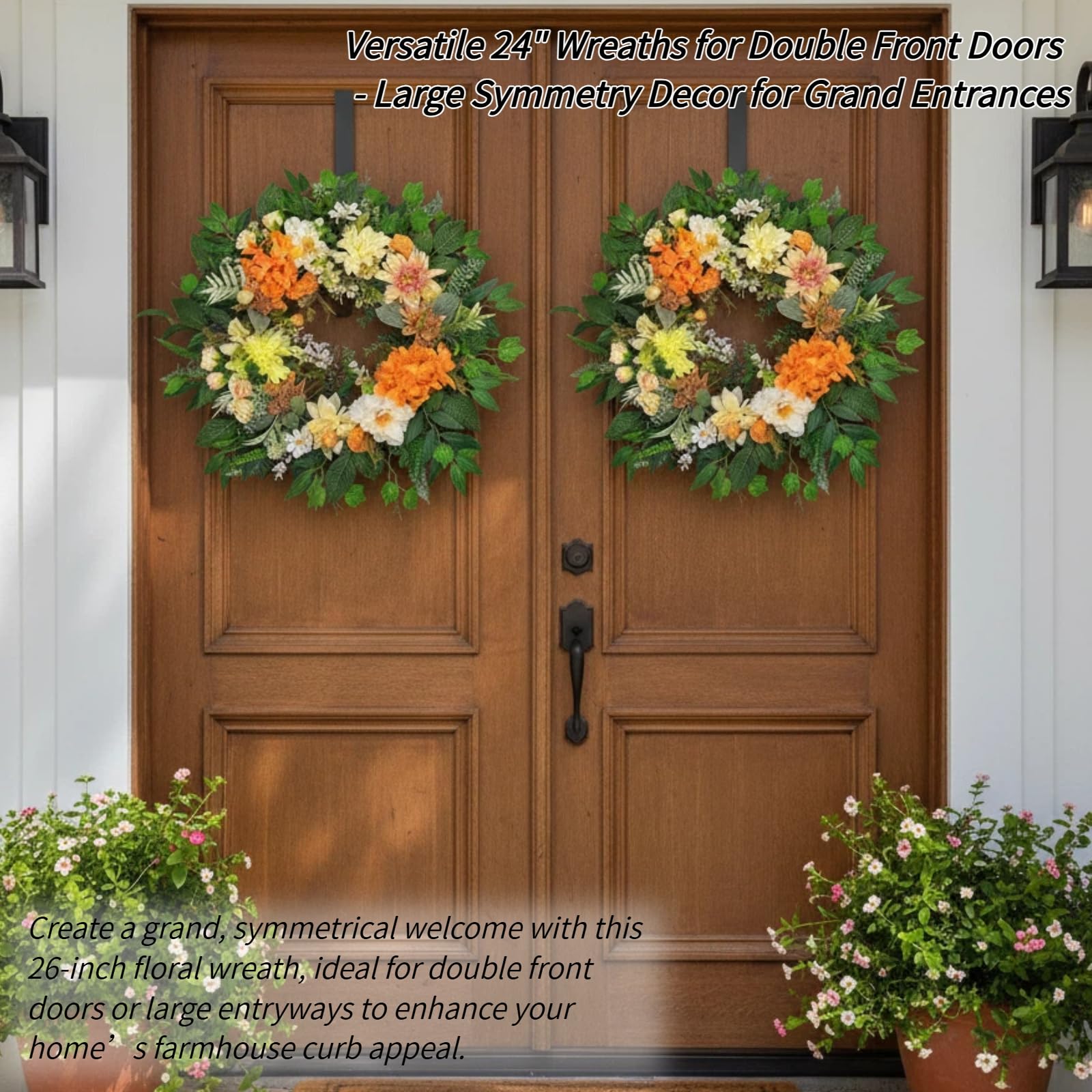 Corona di Fiori Artificiali 60cm Arancione per Porta Ingresso, Ghirlanda Primaverile Estiva con Ortensie Dalie Peonie, Decorazione Moderna da Parete Stile Rustico, Regalo di Inaugurazione