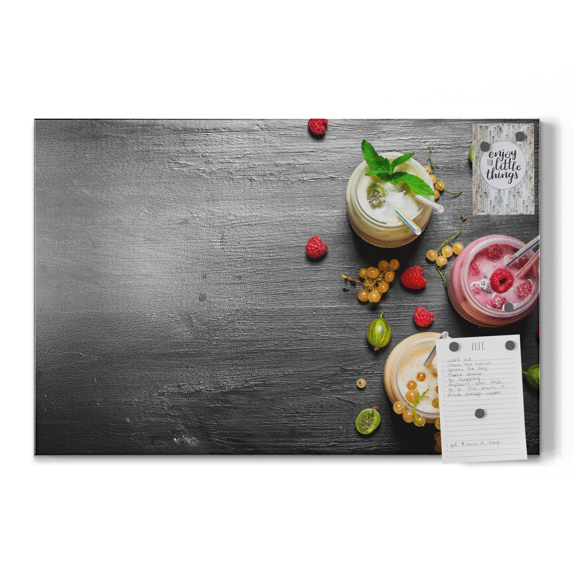 DEQORI Metall Magnettafel | 60x40 cm cm groß | Motiv Smoothies auf Schiefer | Whiteboard für alle Magnete | Magnetboard Wand-Tafel für Küche & Büro | Design Magnetwand Pinnwand magnetisch