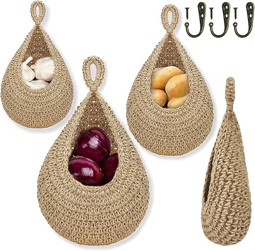 Hanging Fruit Basket for Kitchen, Boho Jute Hanging Baskets for