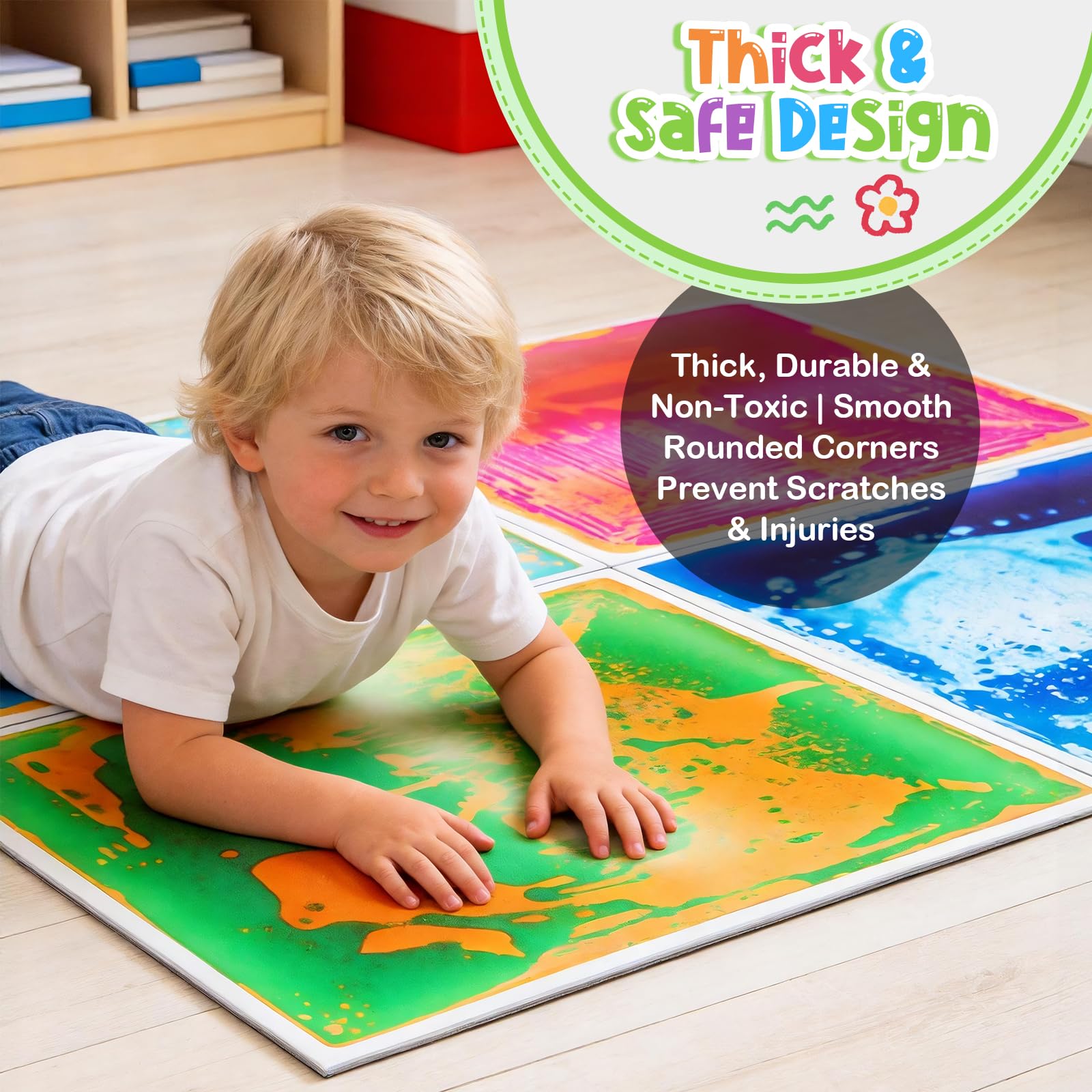 Azulejos sensoriales líquidos grandes para niños, paquete de 4 tapetes sensoriales antideslizantes a prueba de fugas de 20 x 20 pulgadas, certificado CPC, azulejos que cambian de color para niños