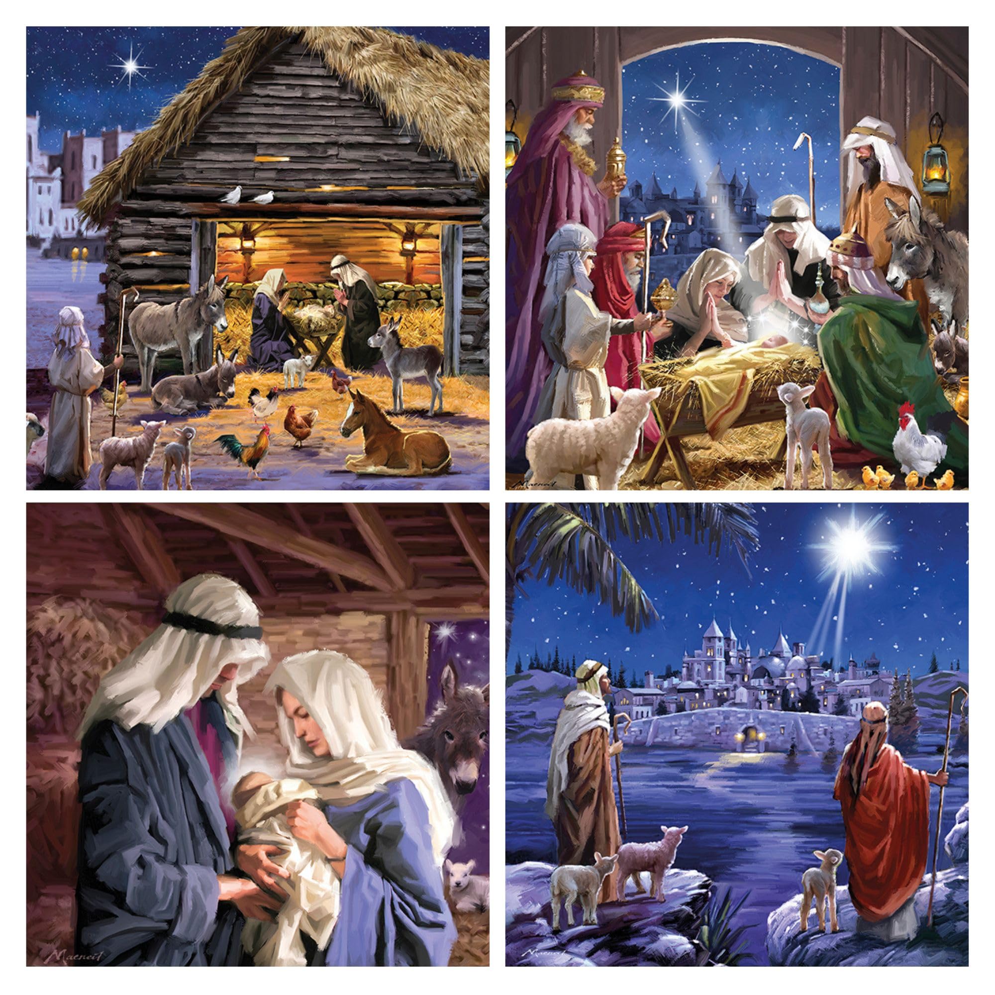 Noel Tatt Charity Christmas Cards Pack of 16 - Traditional Religious Nativity Scenes - Assorted Premium Greeting Cards Multipack with Envelopes - 4 Each of 4 Designs - Supporting UK Charities