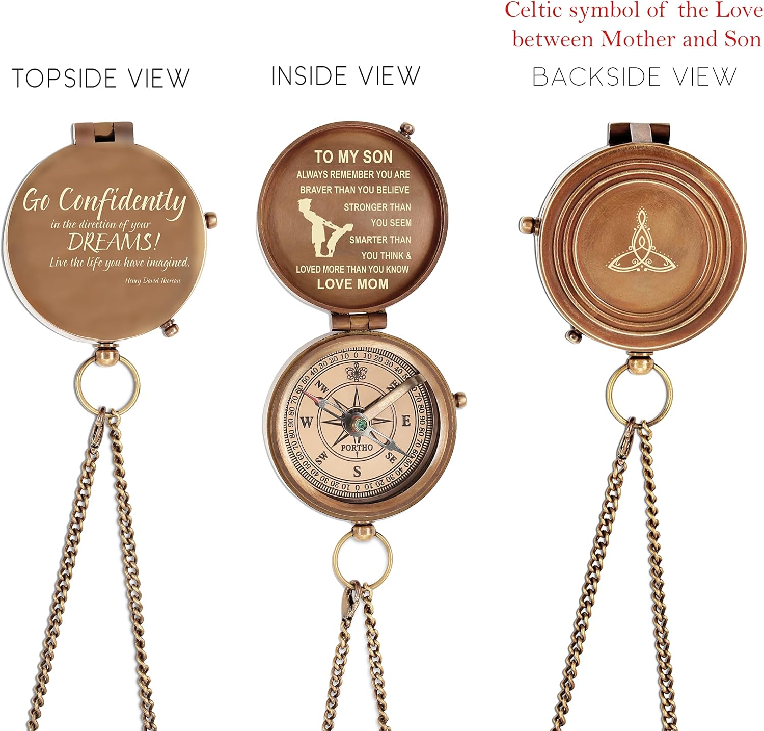 Engraved Brass Compass Gift for Son from Mom – “Go Confidently” Inspirational Pocket Compass with Leather Case – Graduation, Birthday, Baptism, Communion, Confirmation Gift from Mother to Son - Image 4