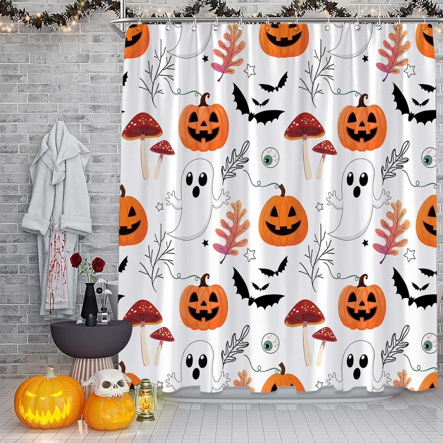 Halloween Shower Curtain Spooky Ghost Orange Pumpkin Bat Mushroom Boho Floral Vintage Holiday Rustic 70" Wx96 H Bathroom Decor Curtain with Hooks