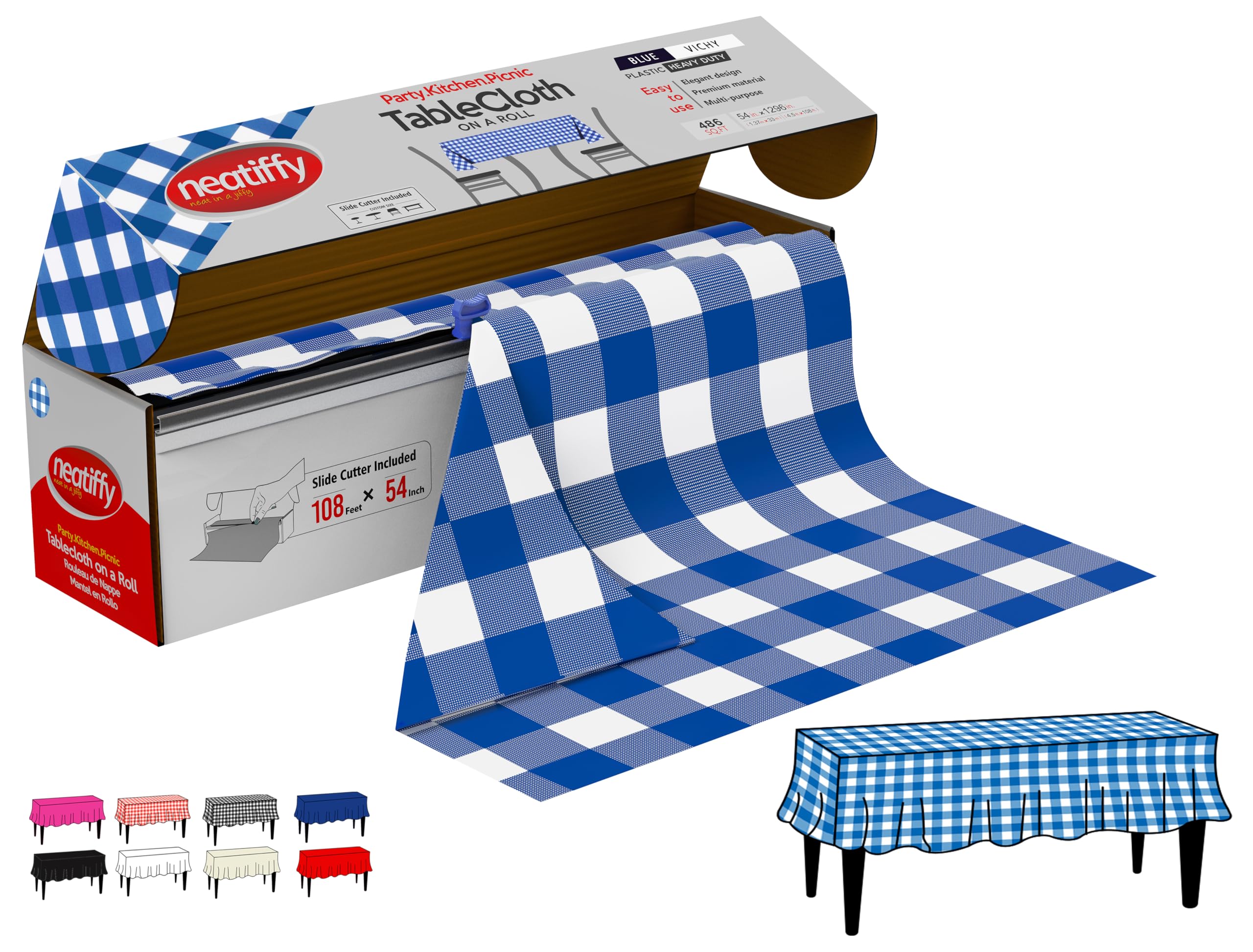 Disposable Plastic Table Cloth Roll | 54 in x 108 Ft Waterproof Tablecloth | Table Cover for Rectangle, Square, Round Oval Tables | Picnic, Party, Banquet, Birthdays, Weddings, BlueCheckered