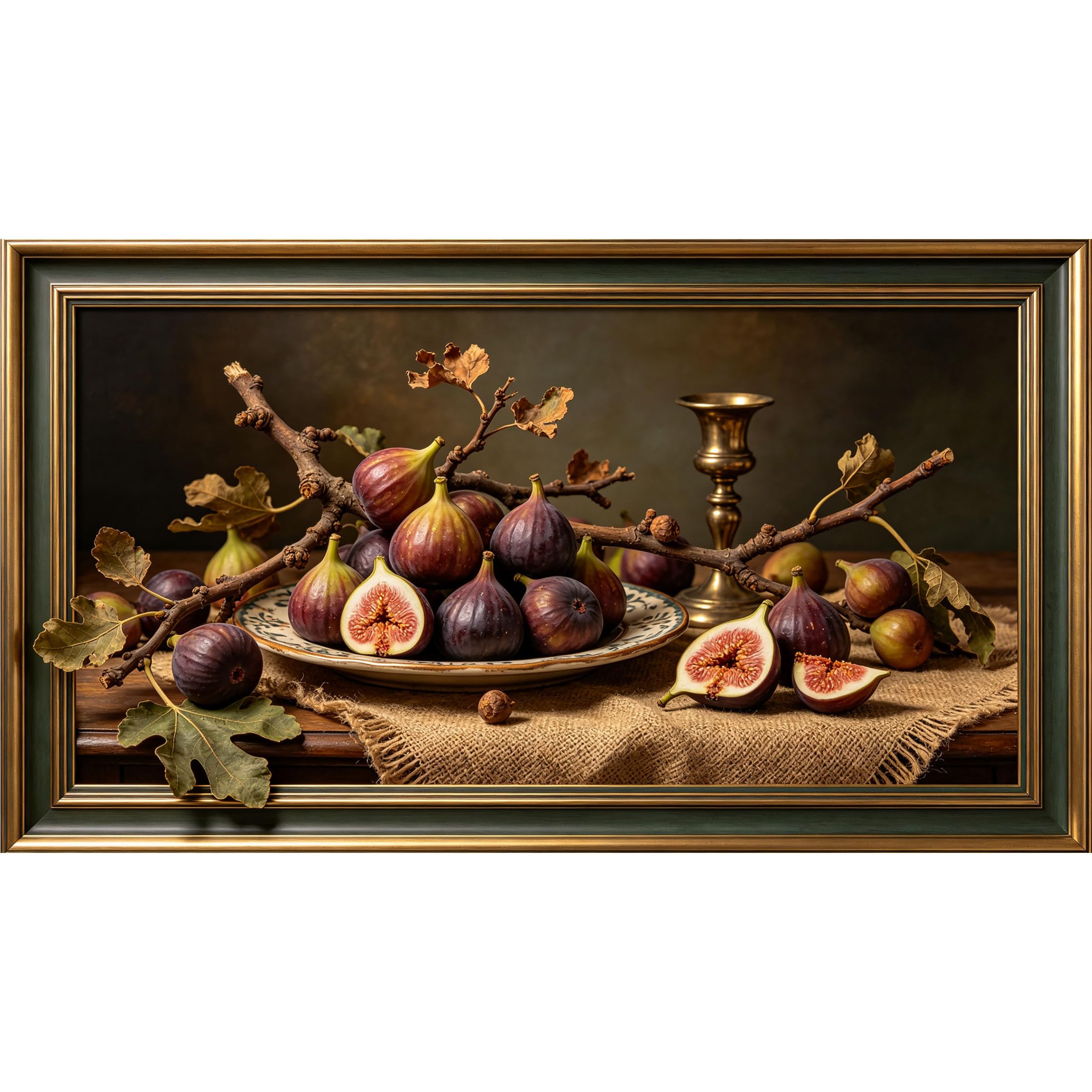 QZLITHOTIC 50x90cm3D Framed Wall Art， Vintage Still Life Fig Branch Plate Brass Candle Self‑Adhesive Mural， Water‑Activated Peel & Stick Fabric Decor Wall Decal for Bedroom Living Room