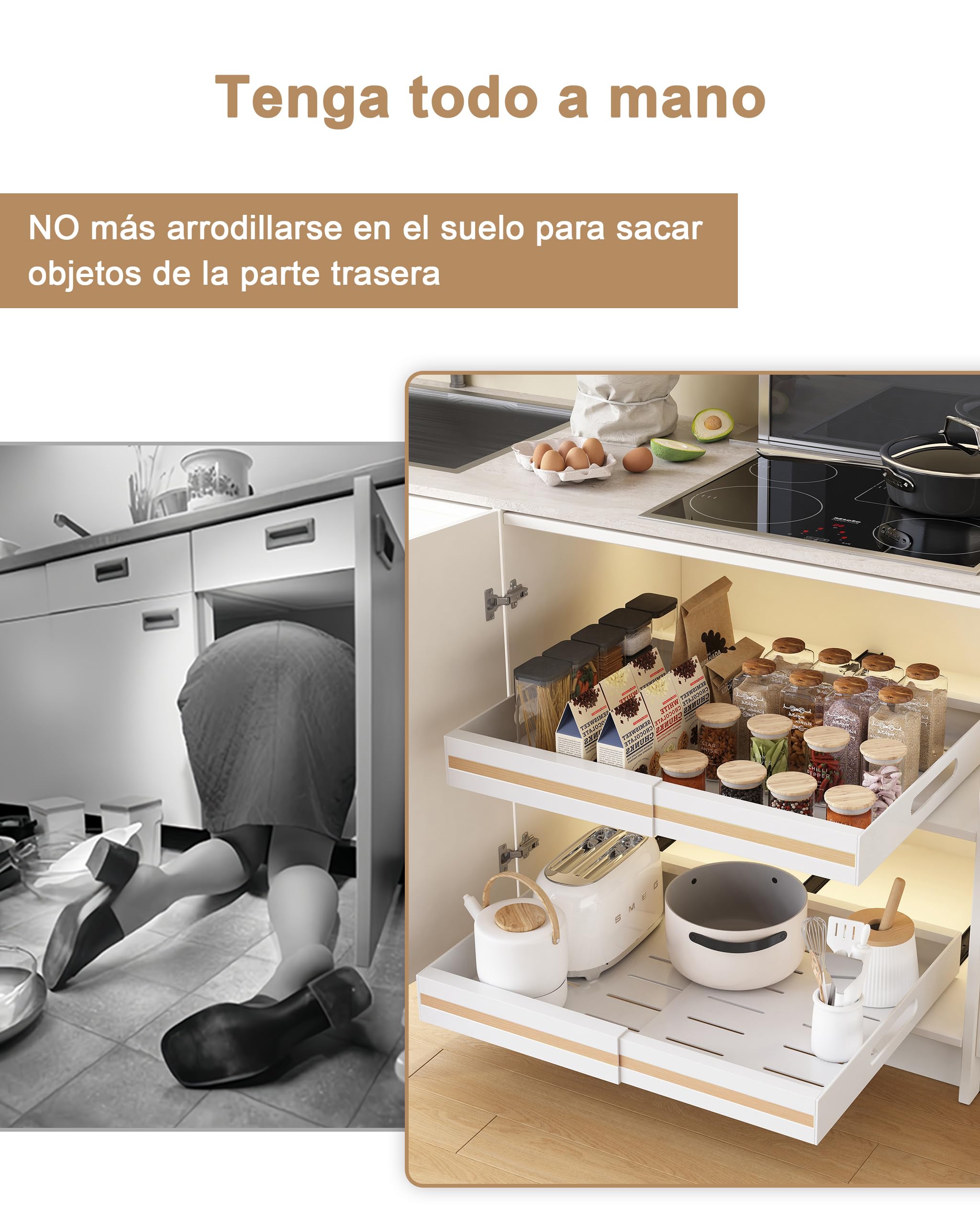 UMDONX 2 Paquete Organizador Armario Cocina Cajones Extraibles Adhesivos - Cajones Deslizables y Estantes para la Despensa, Ancho Ajustable de 30.5 a 51.5 cm, Blanco