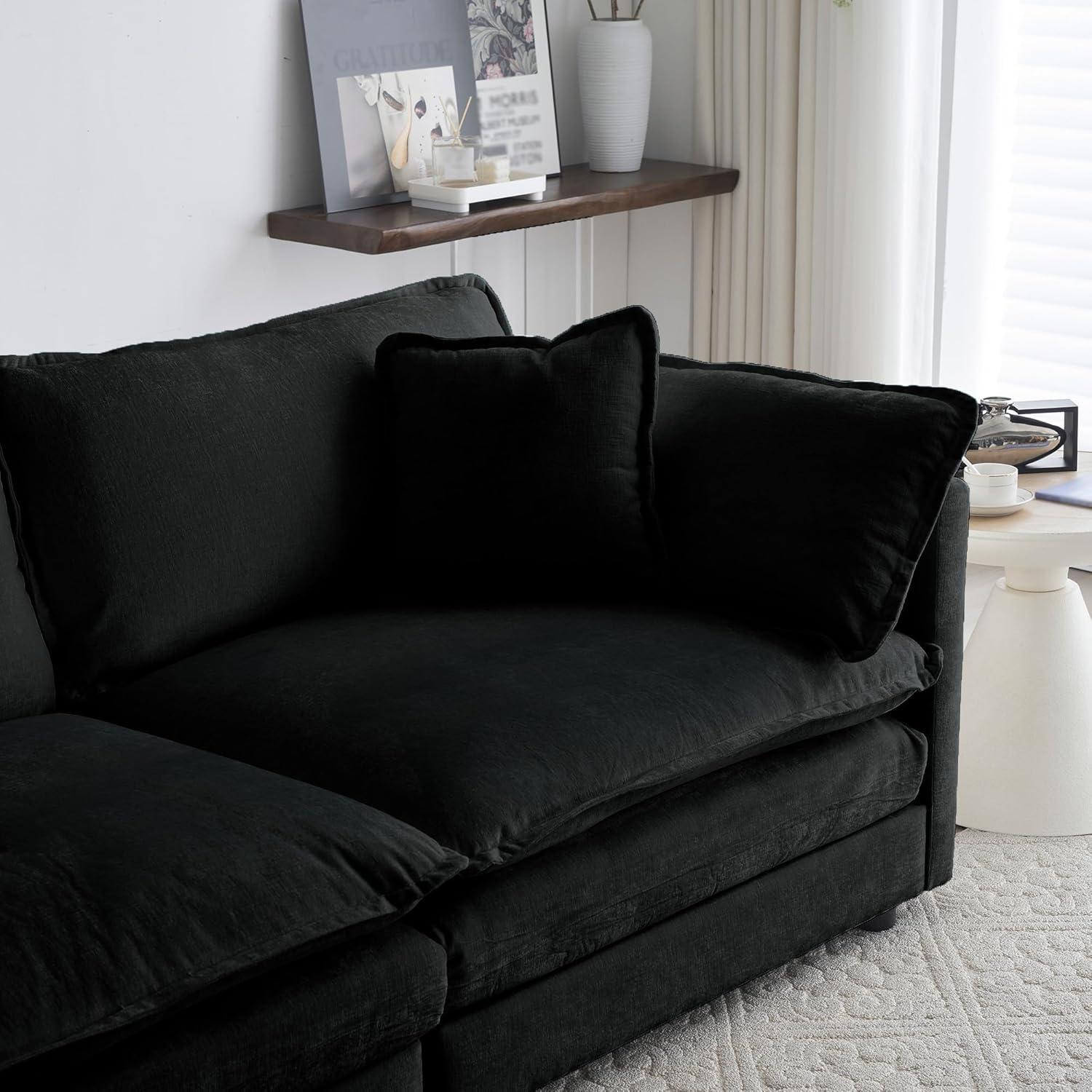 Modular Sectional Loveseat Set, Stylish Upholstered Cloud Sofa Set with Pillows and Thick Cushions, Modern Comfy Chenille Lounge Deep Seat Couch Set for Living Room, Apartment, Office, Black