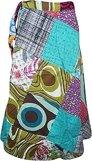Mogul Interior Womens Cotton Wrap Skirt, Travel Midi Skirt, Floral Print Patchwork Blue Pink Skirt, One Size